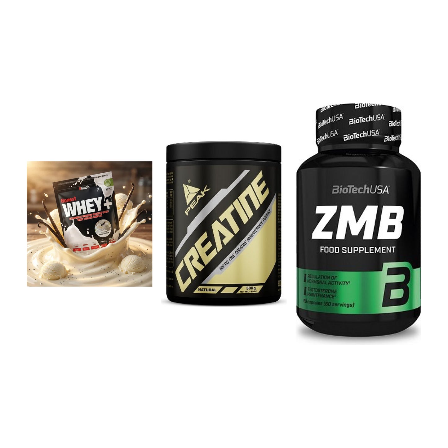 Einsteiger-Set: Sinob Honest Whey+ + Peak Creatin Powder + BioTech ZMB – alle enthaltenen Artikel