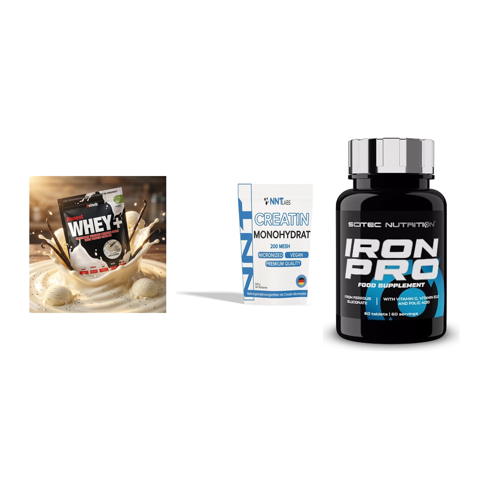 Einsteiger-Set: Sinob Honest + NNT Creatin + Scitec Iron Pro – alle enthaltenen Artikel