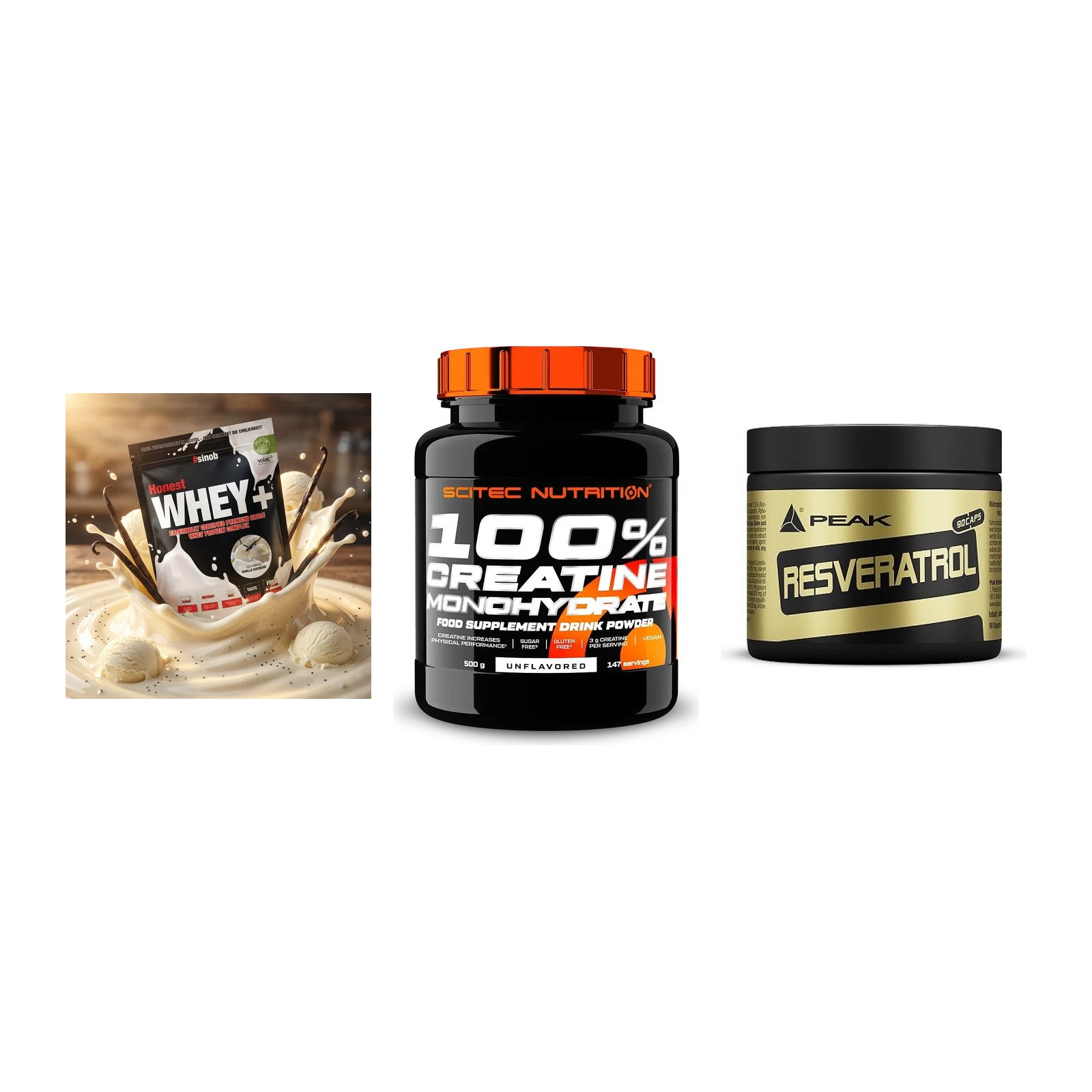 Einsteiger-Set: Sinob Honest + Scitec Creatine + Peak Resveratrol – alle enthaltenen Artikel