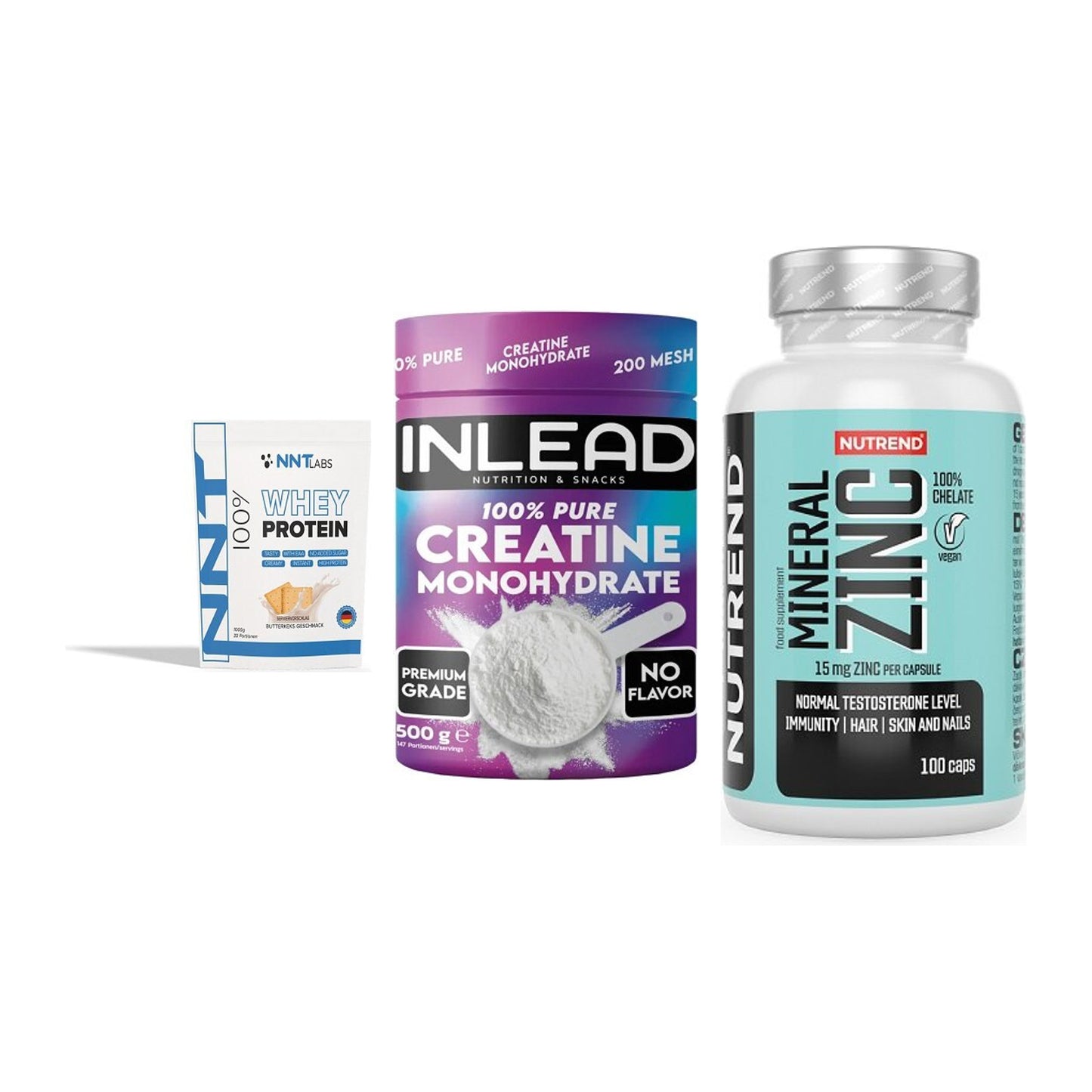 Einsteiger-Set: NNT Whey + INLEAD Creatine + Nutrend Zinc – alle enthaltenen Artikel