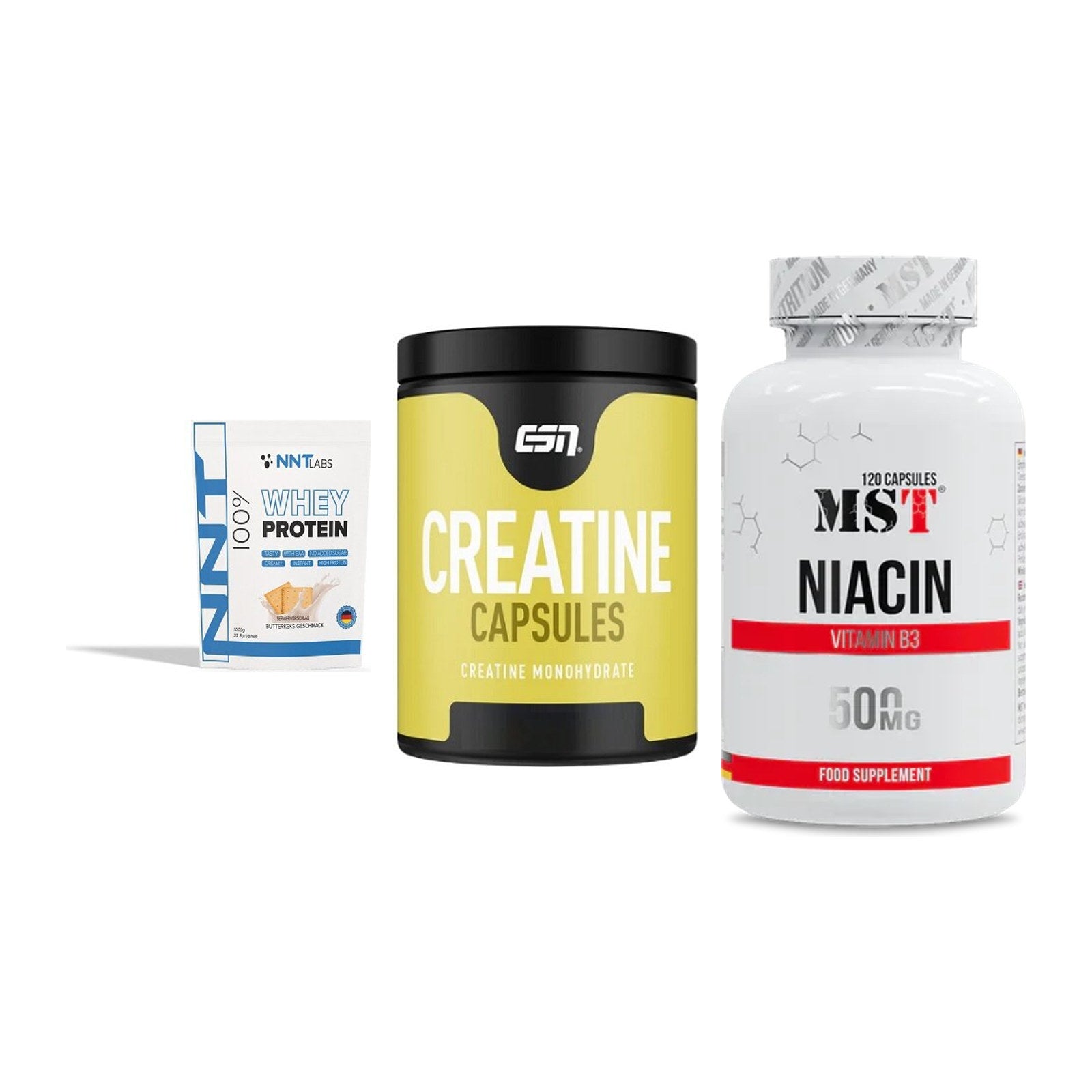 Einsteiger-Set: NNT Whey + ESN Ultrapure Creatine + MST Niacin – alle enthaltenen Artikel