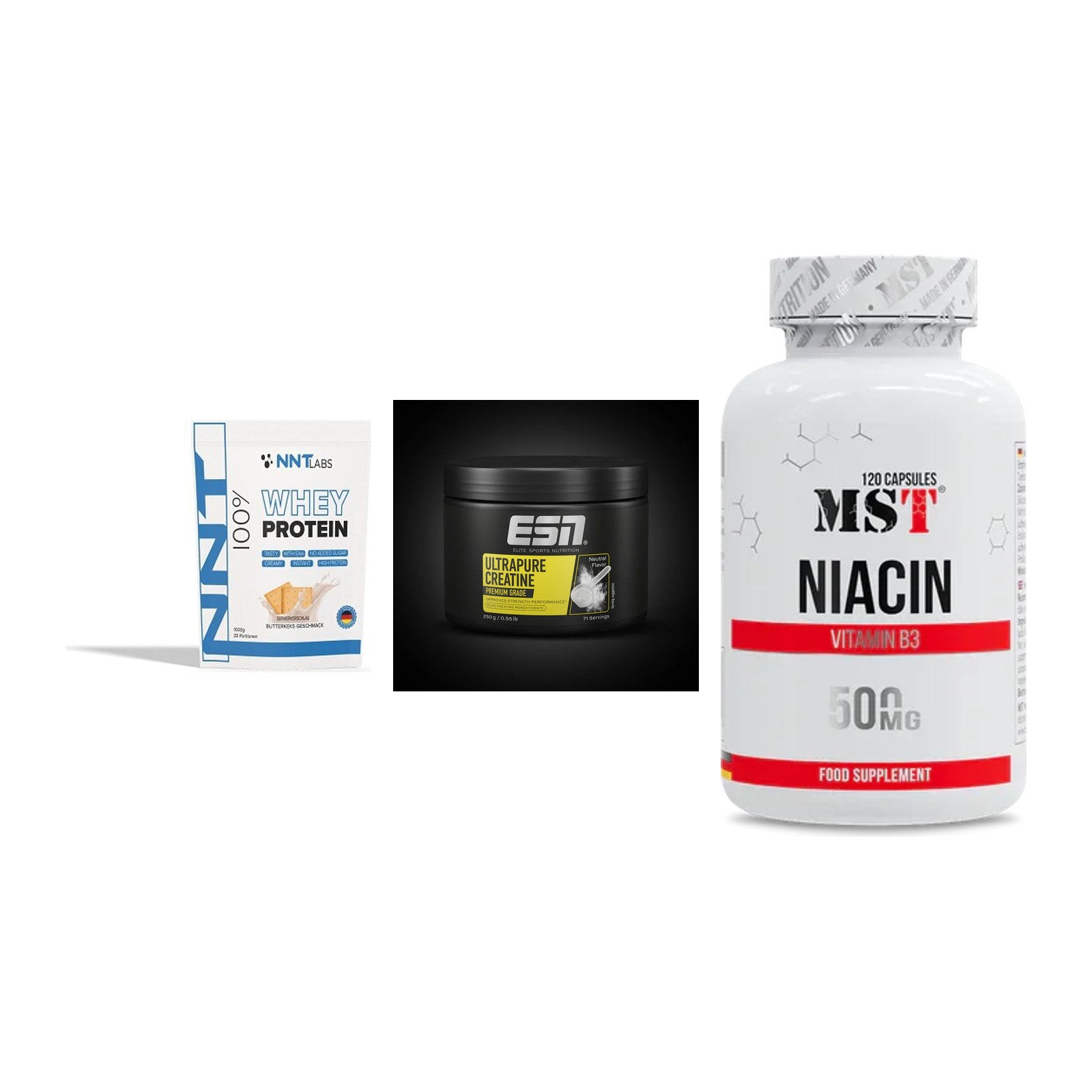 Einsteiger-Set: NNT Whey + ESN Ultrapure + MST Niacin – alle enthaltenen Artikel