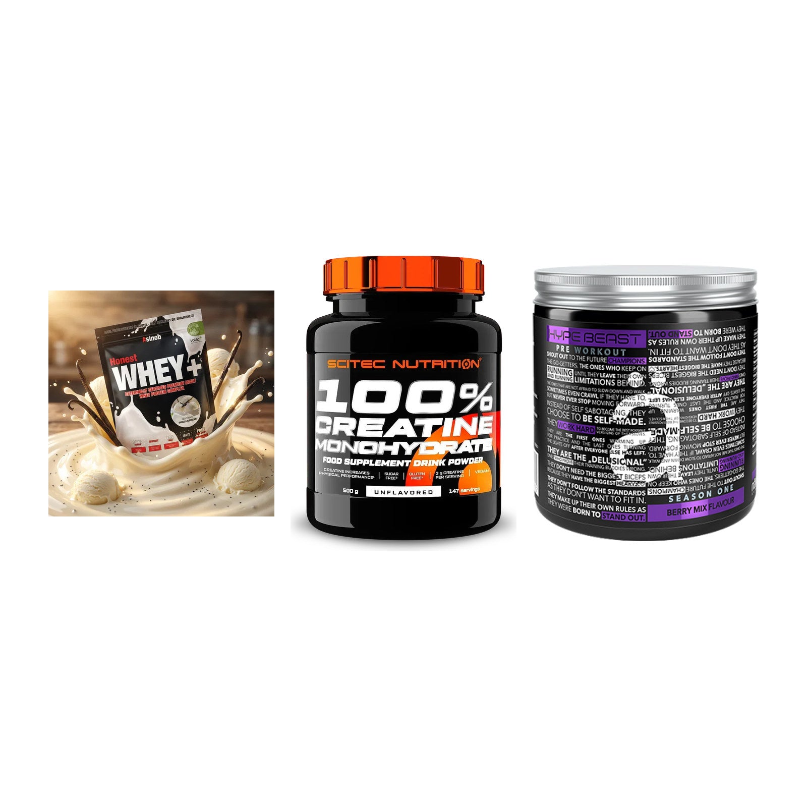 Einsteiger-Set: Sinob Honest + Scitec Creatine + Nanosupps Hype – alle enthaltenen Artikel