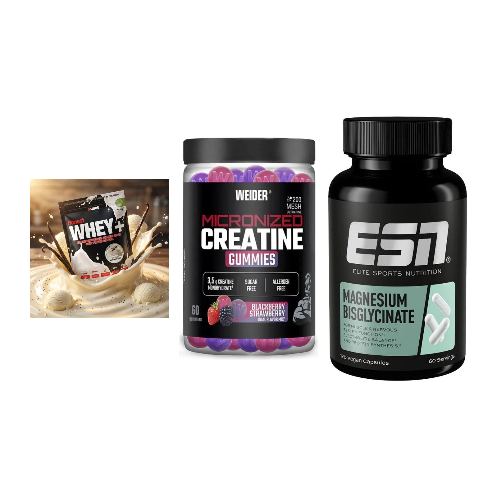 Einsteiger-Set: Sinob Honest + Weider Micronize + ESN Magnesium – alle enthaltenen Artikel