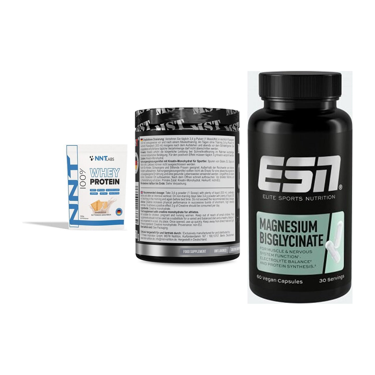 Einsteiger-Set: NNT Whey + MST Creatin + ESN Magnesium – alle enthaltenen Artikel