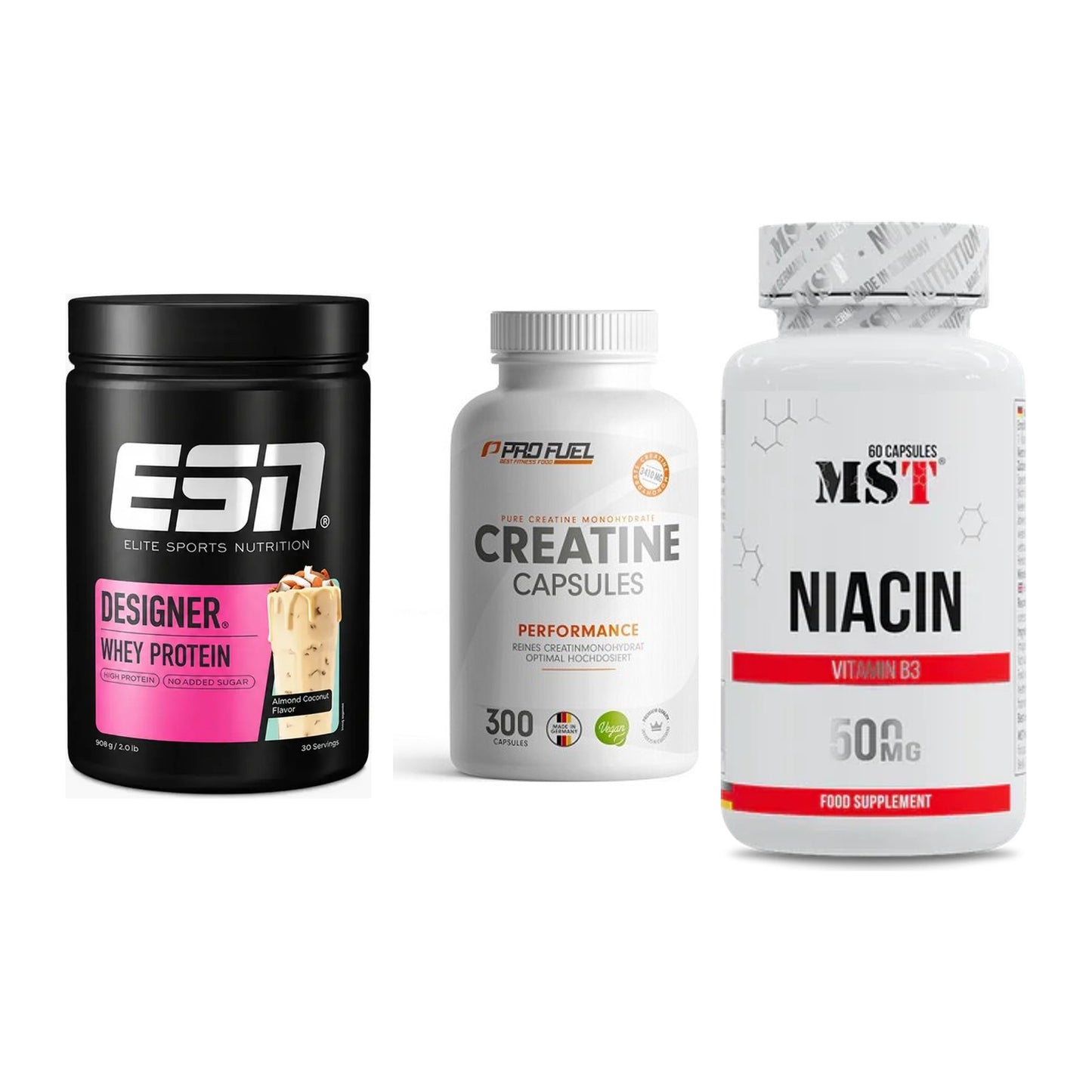 Einsteiger-Set: ESN Designer + ProFuel Creatine + MST Niacin – alle enthaltenen Artikel