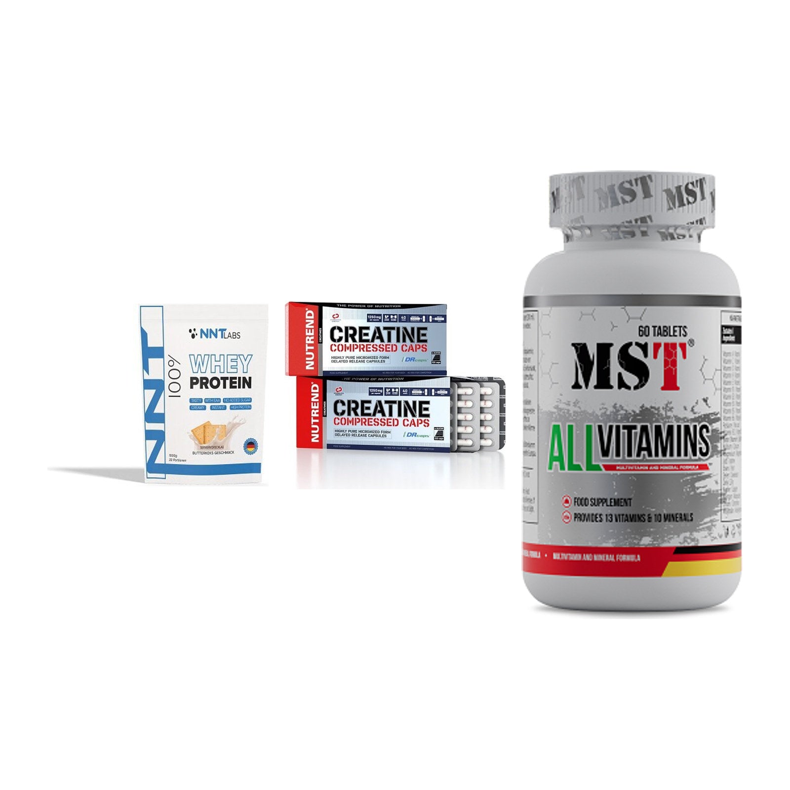 Einsteiger-Set: NNT Whey + Nutrend Creatine + MST All Vitamins – alle enthaltenen Artikel