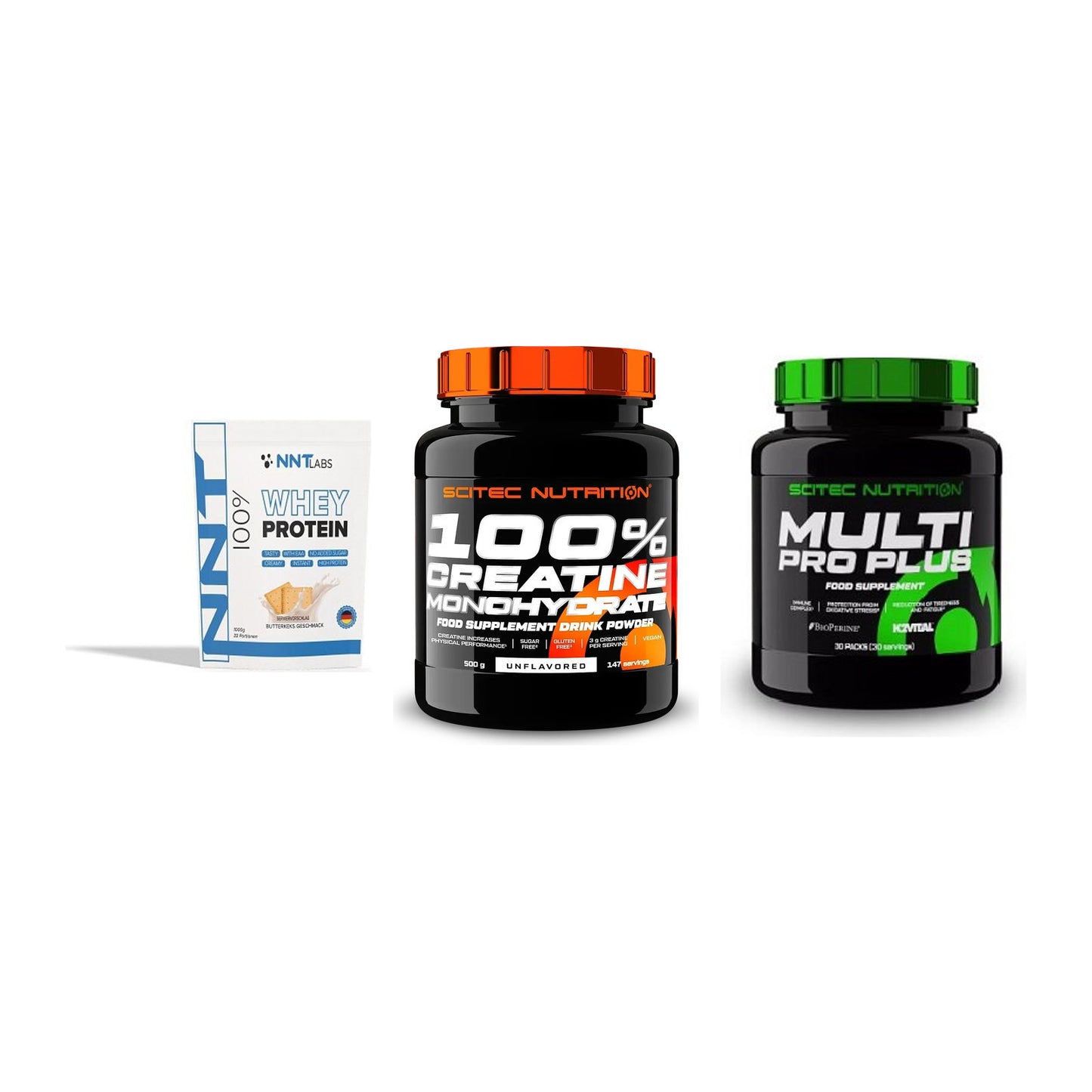 Einsteiger-Set: NNT Whey + Scitec Creatine + Scitec Multi Pro – alle enthaltenen Artikel