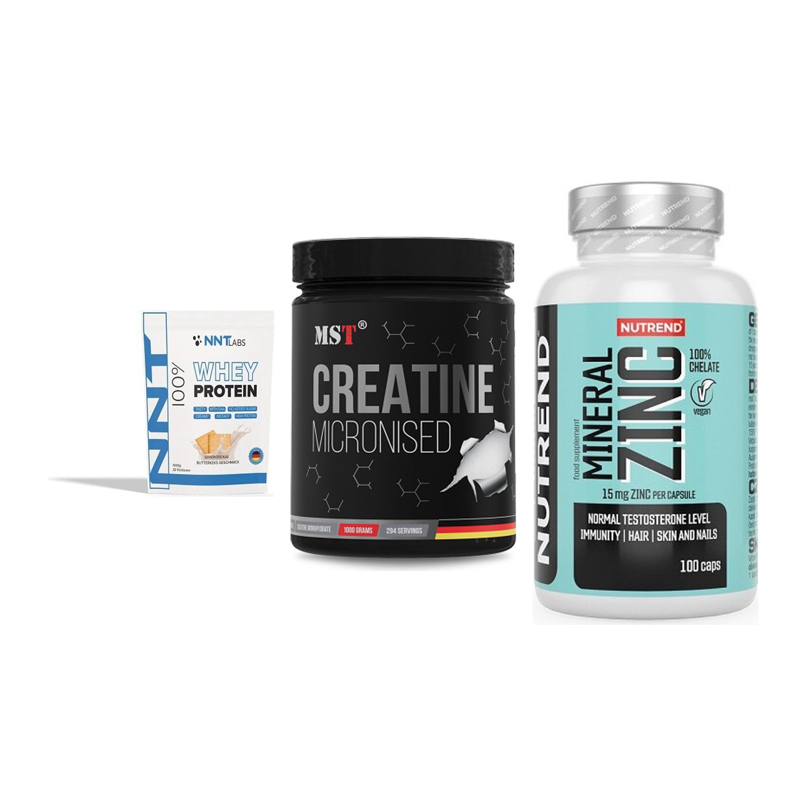 Einsteiger-Set: NNT Whey + MST Creatin + Nutrend Zinc – alle enthaltenen Artikel