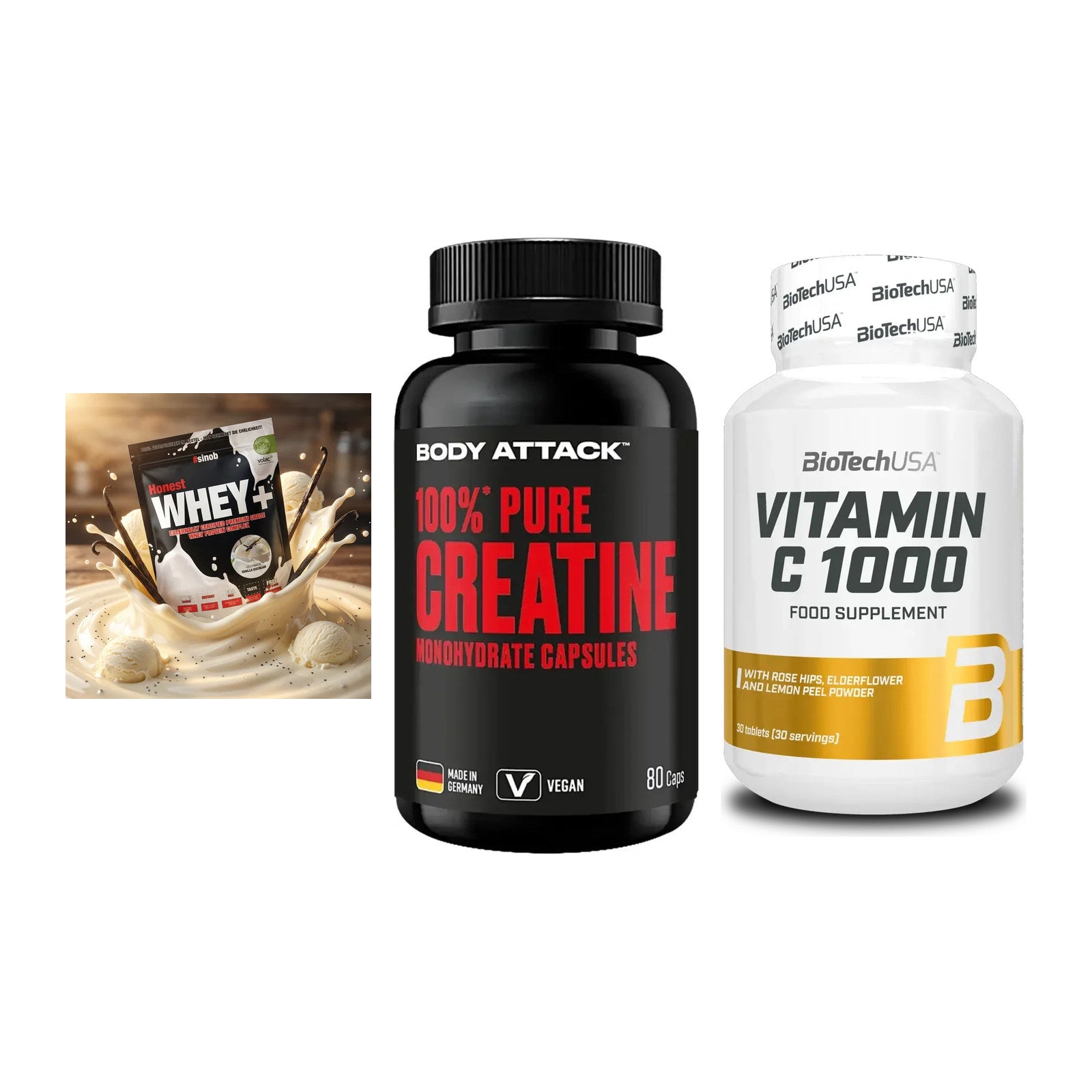Einsteiger-Set: Sinob Honest + Body Attack 100% + BioTech Vitamin – alle enthaltenen Artikel