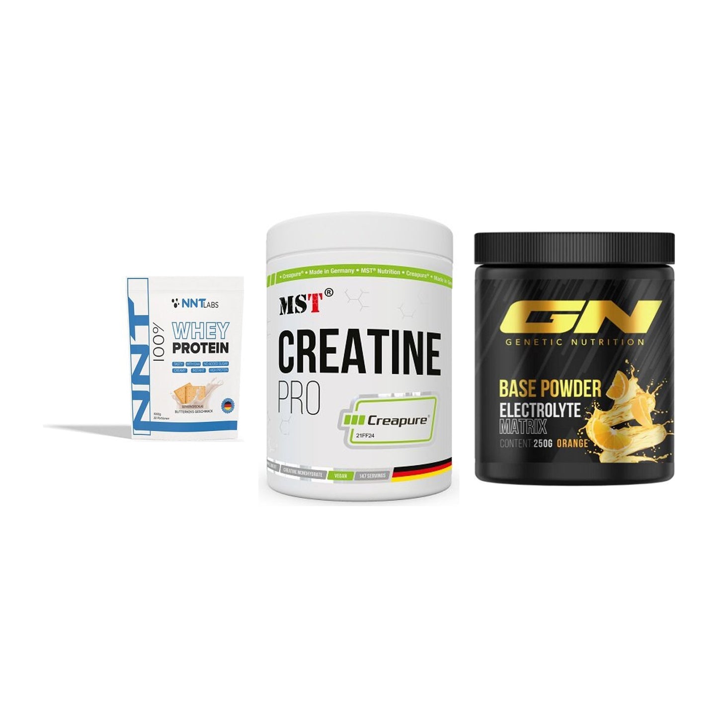 Einsteiger-Set: NNT Whey + MST Creatin Pro CREAPURE + GN Base Powder – alle enthaltenen Artikel