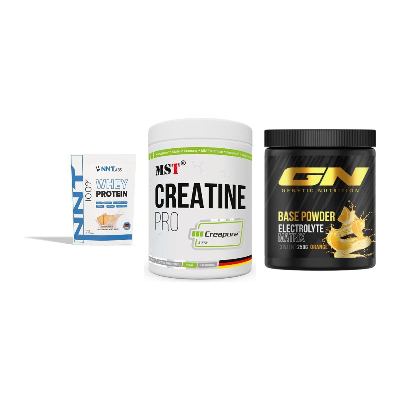 Einsteiger-Set: NNT Whey + MST Creatin Pro CREAPURE + GN Base Powder – alle enthaltenen Artikel
