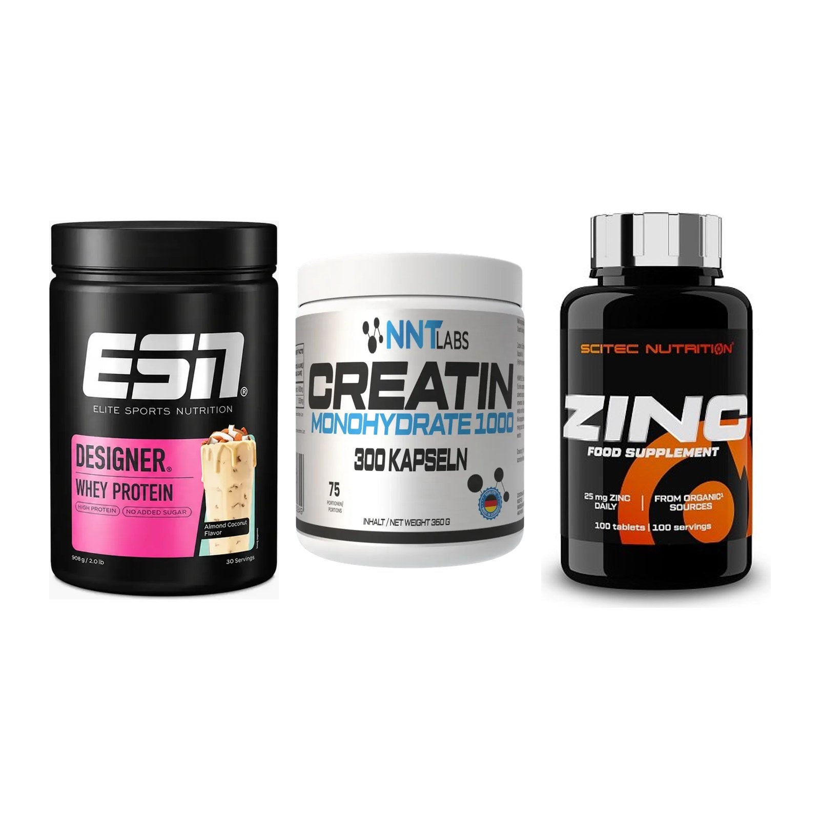 Einsteiger-Set: ESN Designer Whey + NNT Creatin 1000 mg + Scitec Zinc – alle enthaltenen Artikel