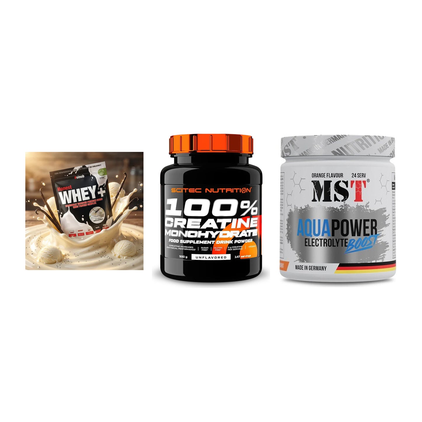Einsteiger-Set: Sinob Honest + Scitec Creatine + MST Aqua Power – alle enthaltenen Artikel