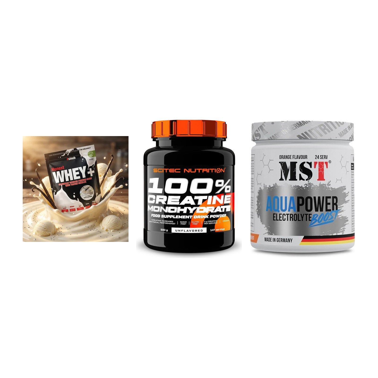 Einsteiger-Set: Sinob Honest + Scitec Creatine + MST Aqua Power – alle enthaltenen Artikel