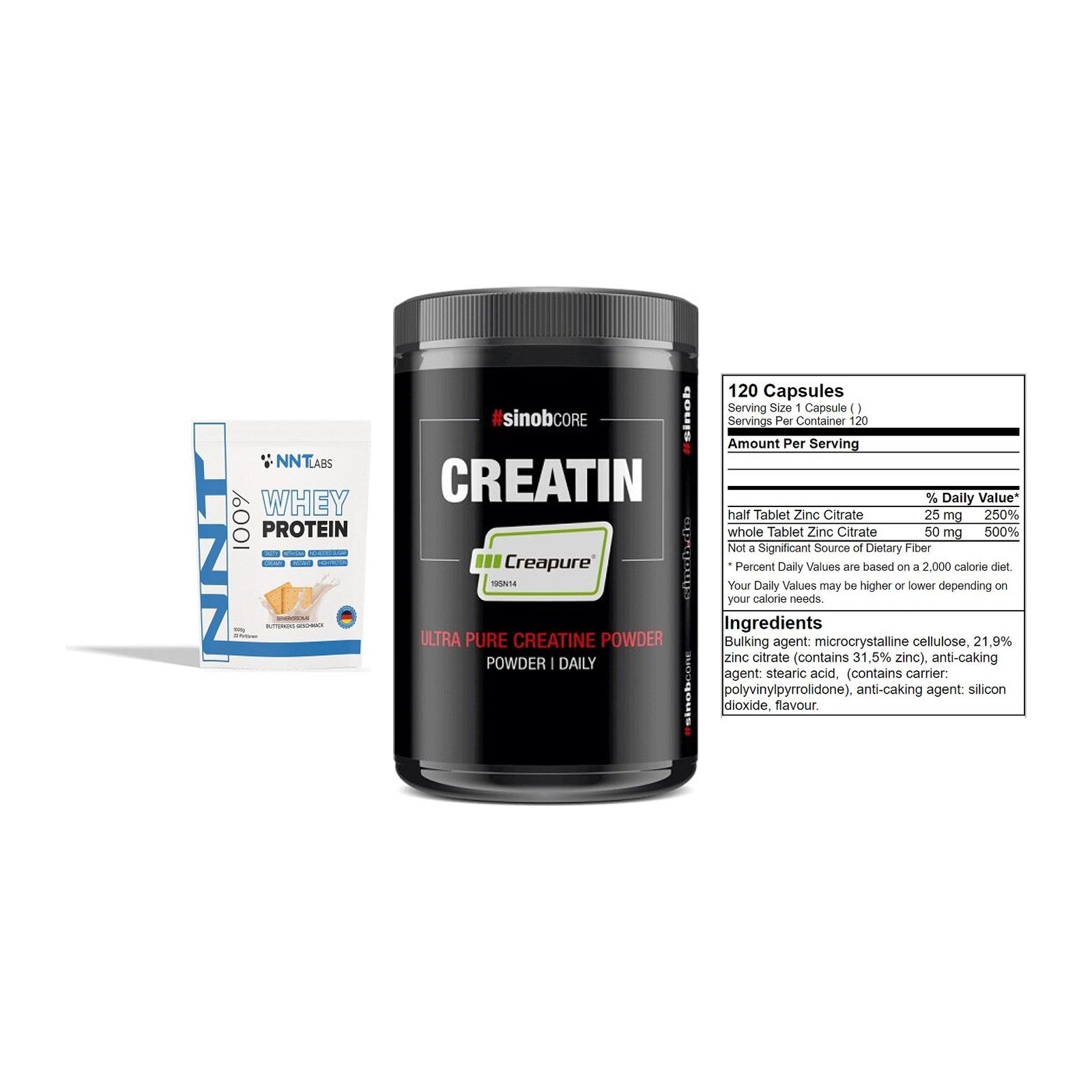 Einsteiger-Set: NNT Whey + Sinob Creatin + GN Zinc Citrate – alle enthaltenen Artikel