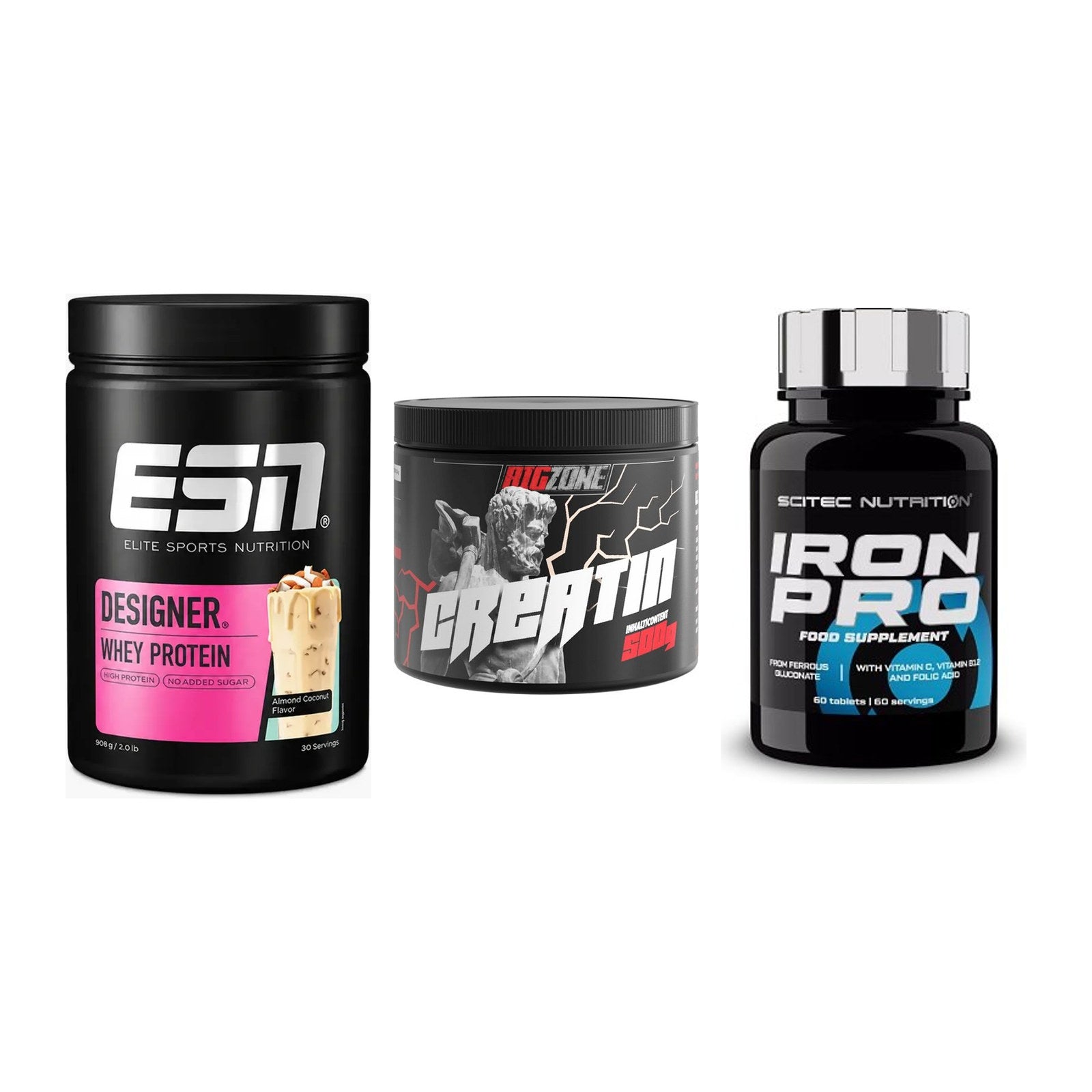 Einsteiger-Set: ESN Designer Whey + Big Zone Creatin + Scitec Iron Pro – alle enthaltenen Artikel