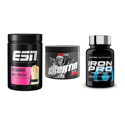 Einsteiger-Set: ESN Designer Whey + Big Zone Creatin + Scitec Iron Pro – alle enthaltenen Artikel