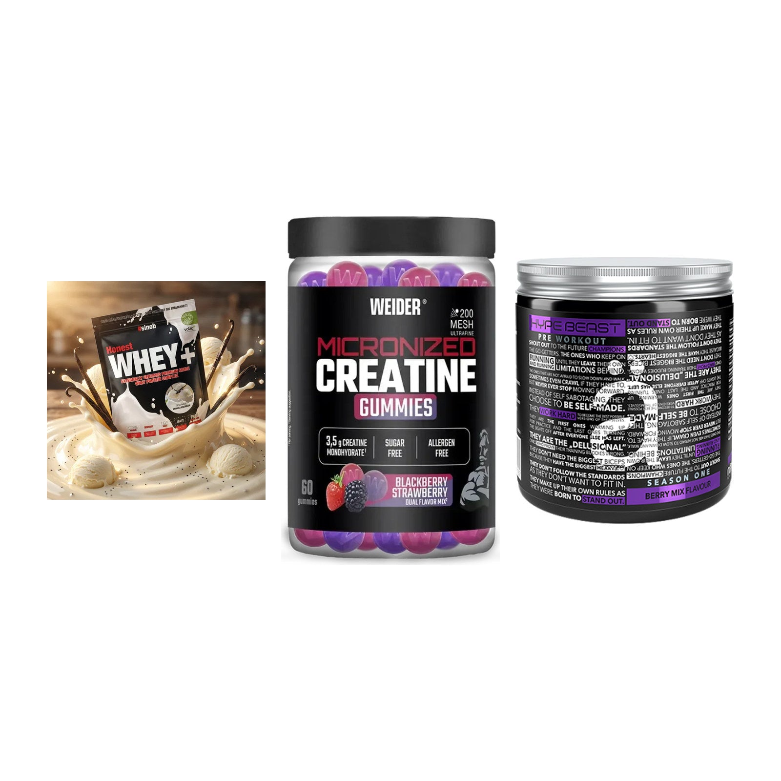 Einsteiger-Set: Sinob Honest + Weider Micronize + Nanosupps Hype – alle enthaltenen Artikel