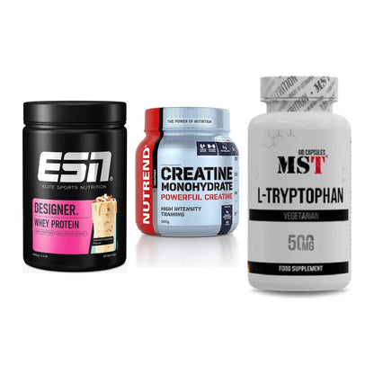 Einsteiger-Set: ESN Designer + Nutrend Creatine + MST Tryptophan – alle enthaltenen Artikel