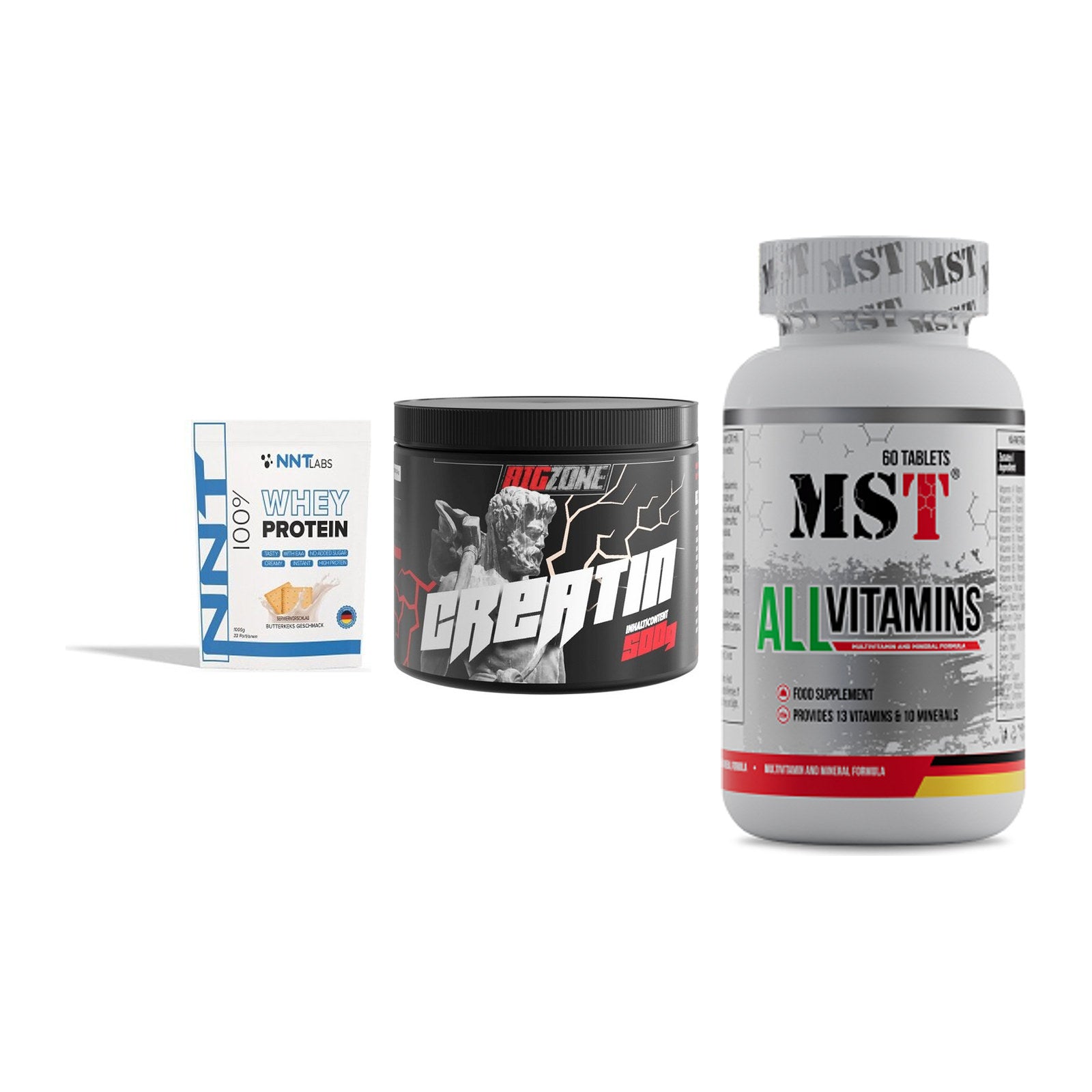 Einsteiger-Set: NNT Whey + Big Zone Creatin + MST All Vitamins – alle enthaltenen Artikel