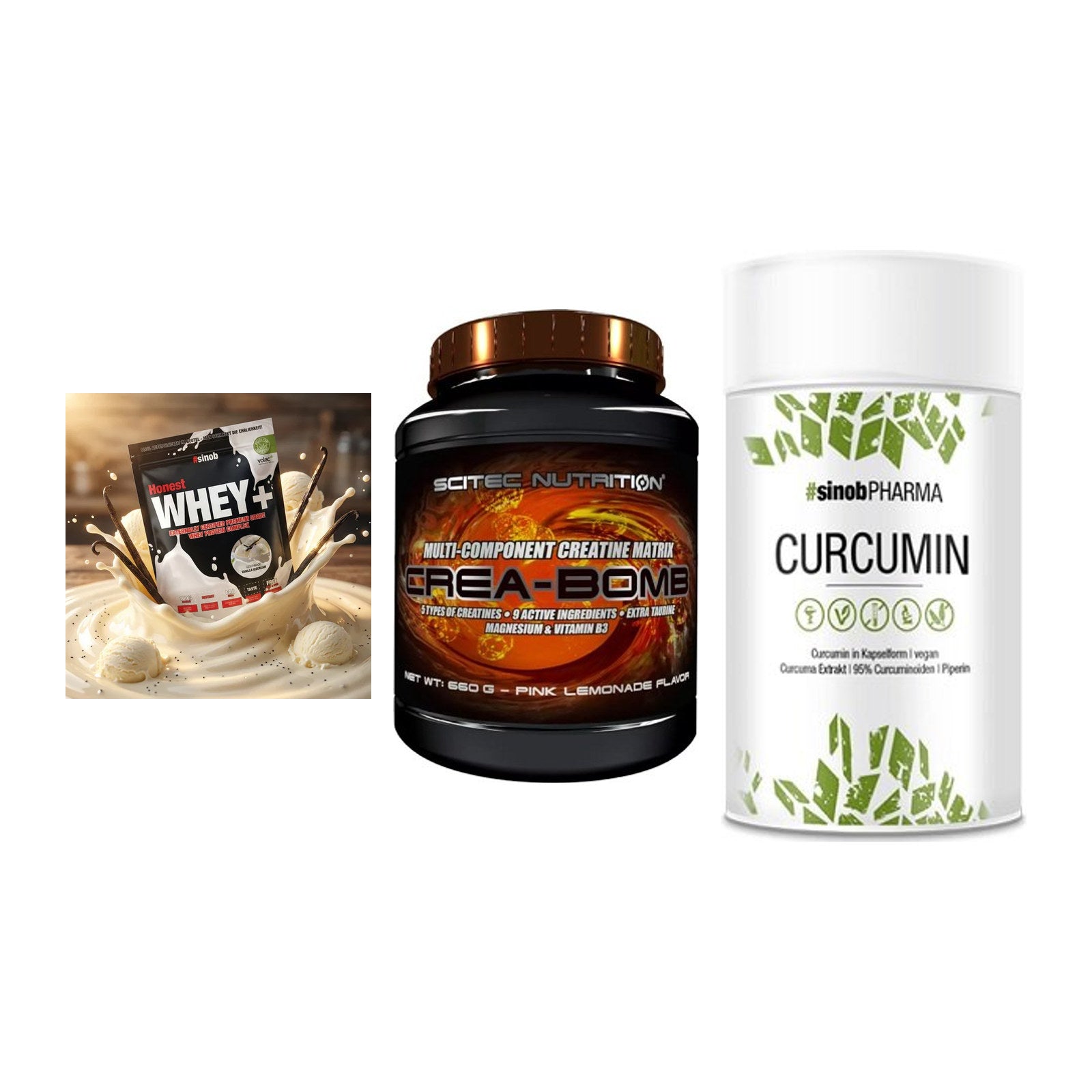 Einsteiger-Set: Sinob Honest + Scitec Crea-Bomb + Sinob Curcumin – alle enthaltenen Artikel