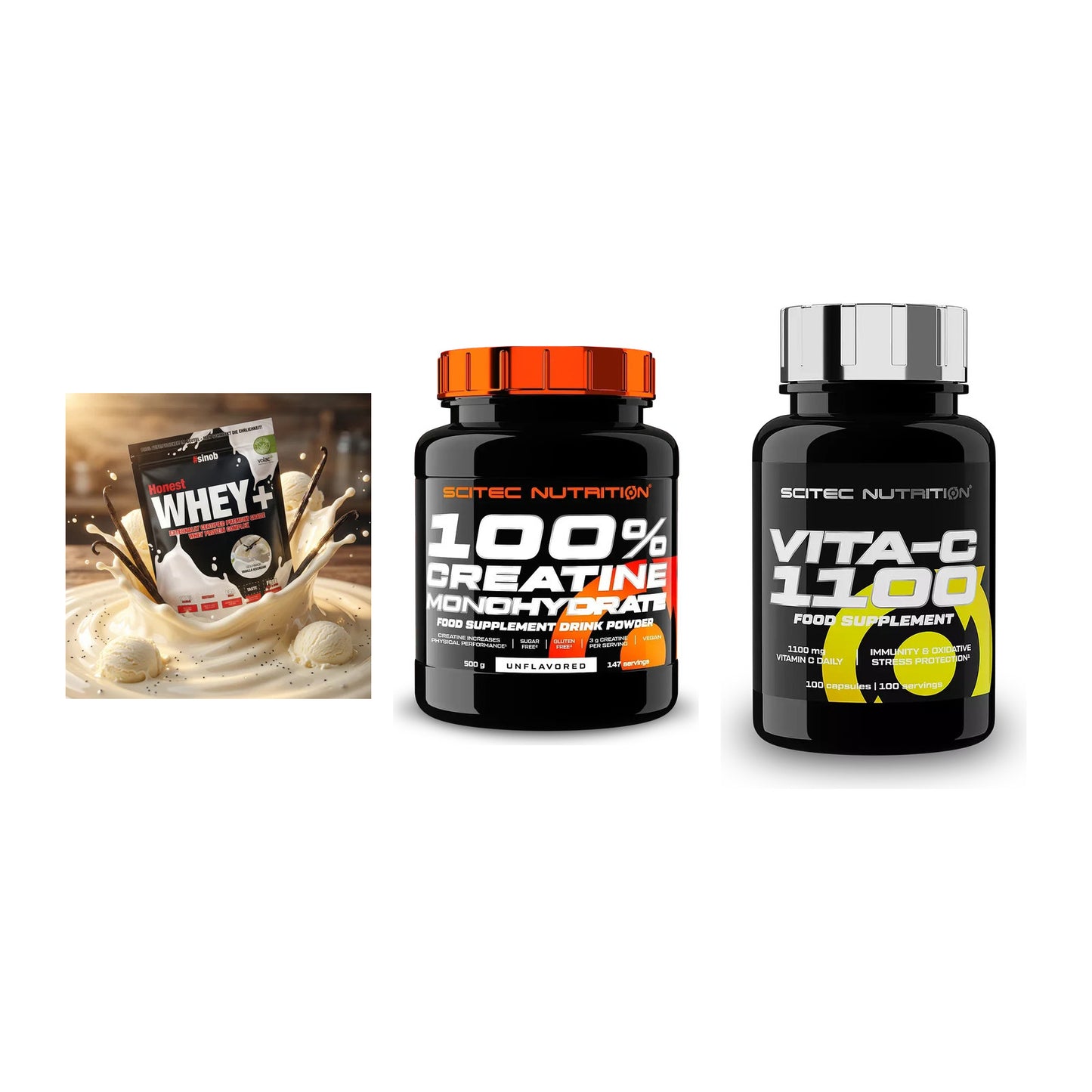 Einsteiger-Set: Sinob Honest + Scitec Creatine + Scitec Vitamin C – alle enthaltenen Artikel