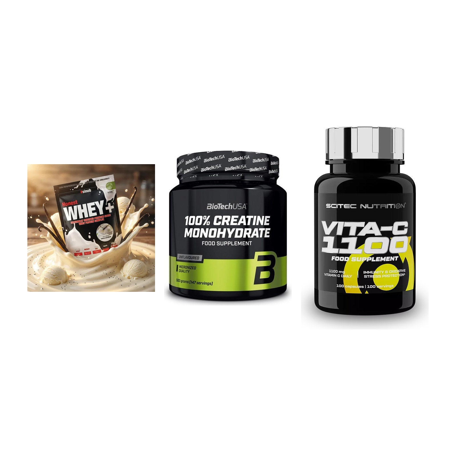 Einsteiger-Set: Sinob Honest + BioTech Creatine + Scitec Vitamin C – alle enthaltenen Artikel