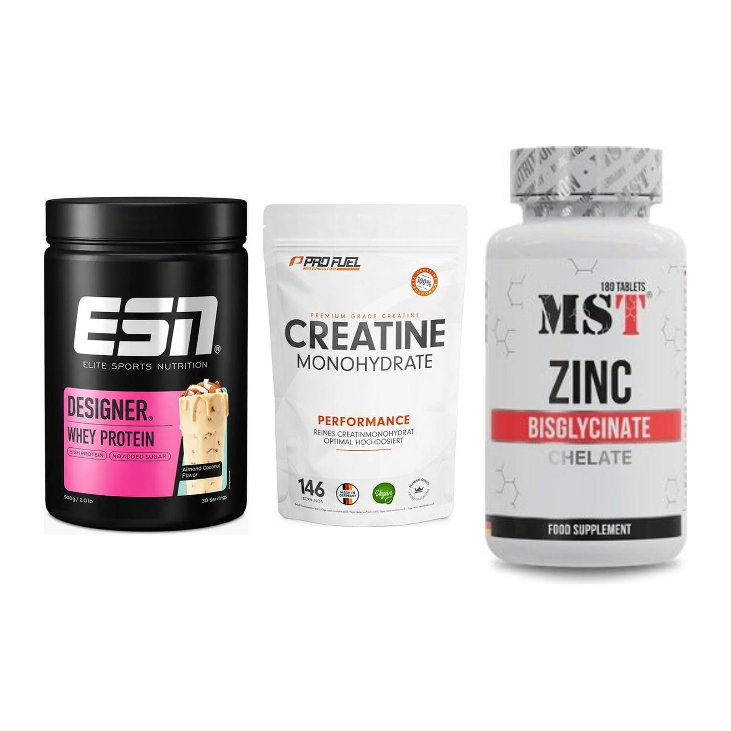 Einsteiger-Set: ESN Designer + ProFuel Creatine + MST Zinc Chelate – alle enthaltenen Artikel