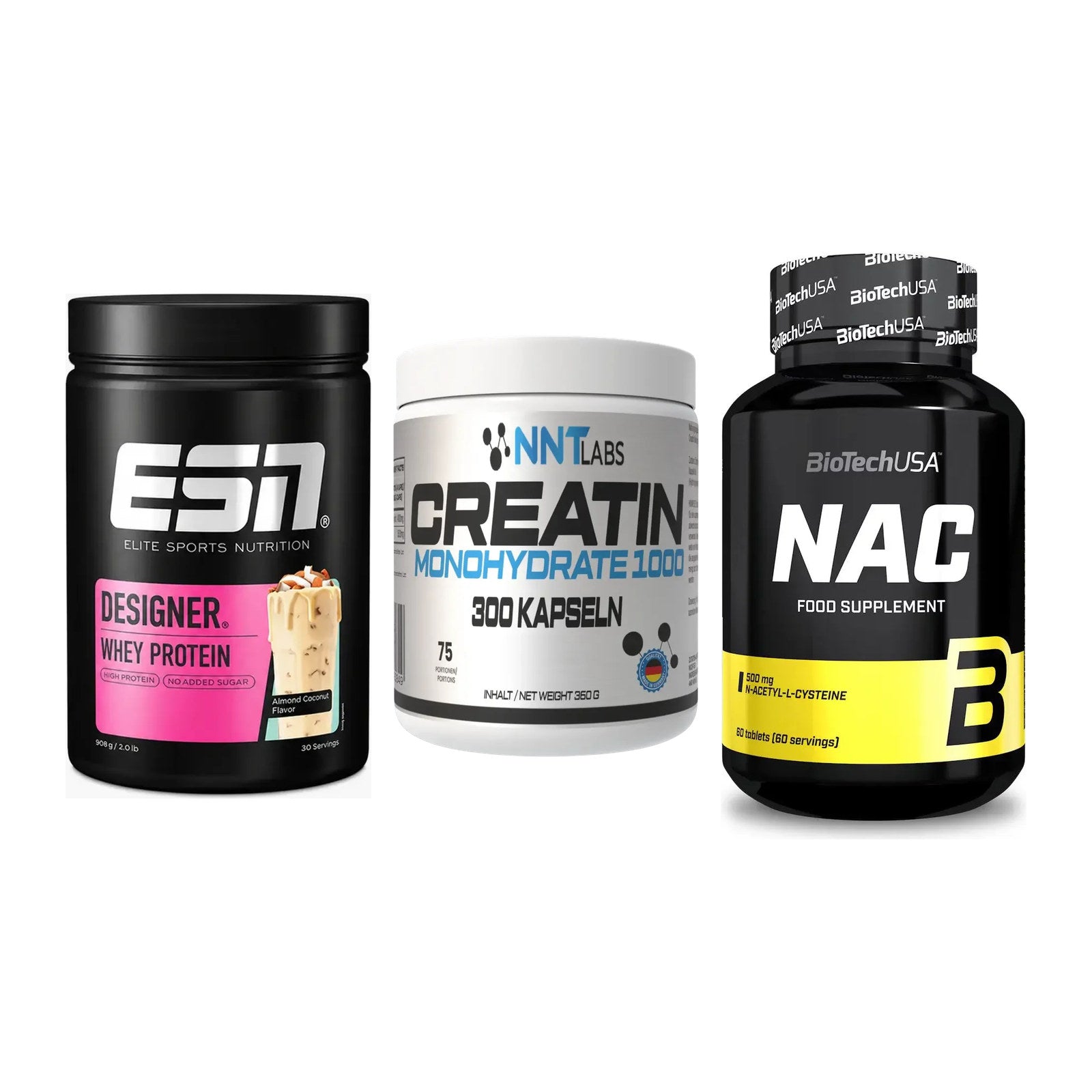 Einsteiger-Set: ESN Designer Whey + NNT Creatin 1000 mg + BioTech NAC – alle enthaltenen Artikel