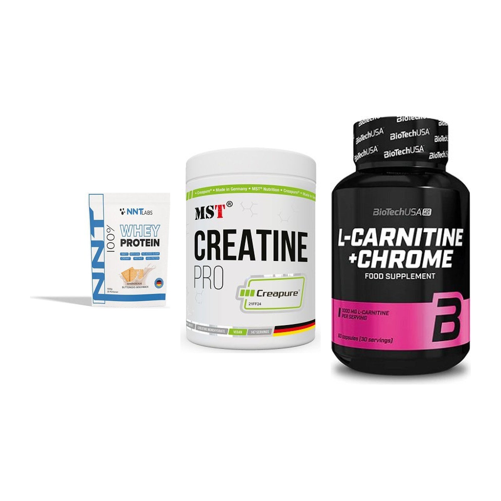 Einsteiger-Set: NNT Whey + MST Creatin Pro + BioTech L-Carnit – alle enthaltenen Artikel