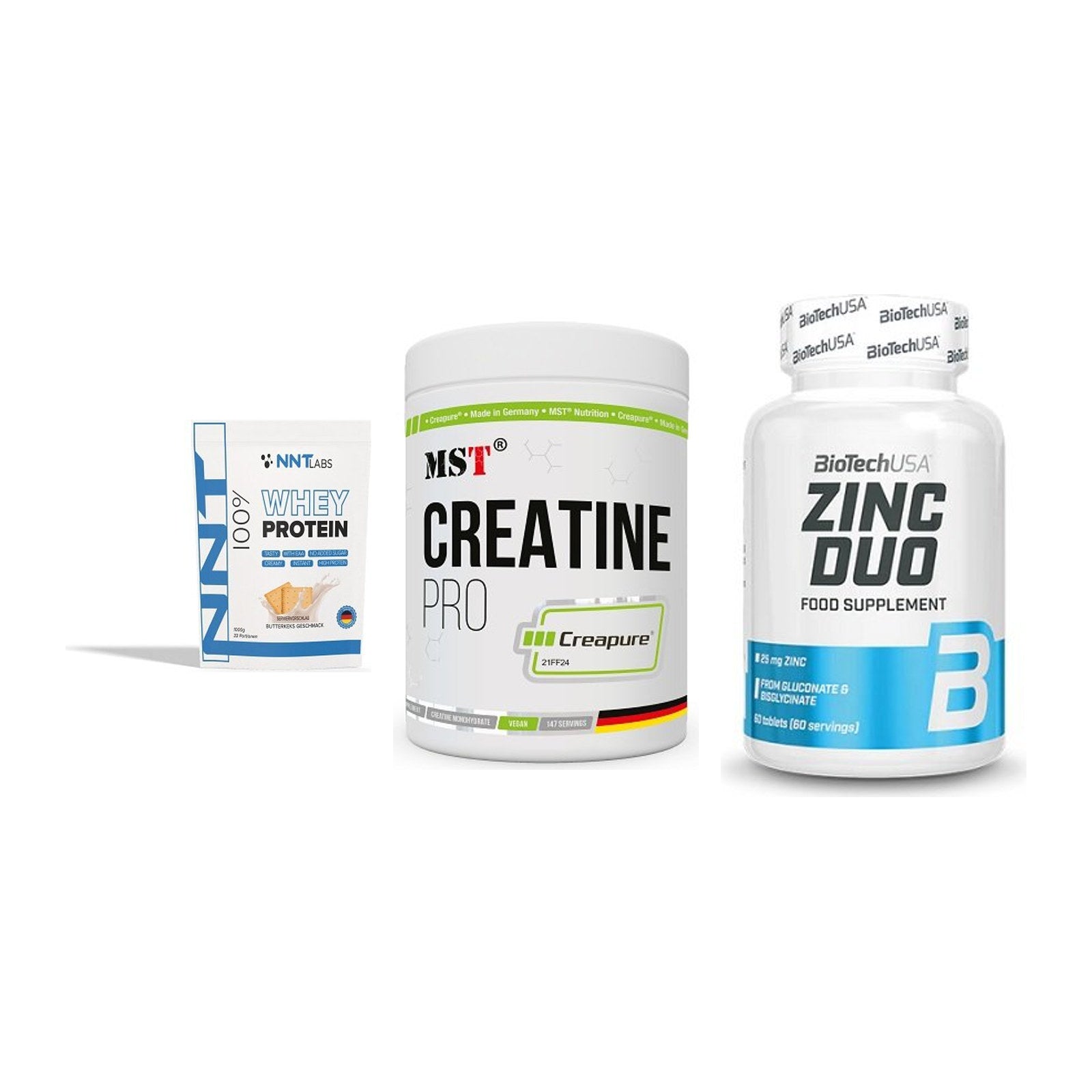 Einsteiger-Set: NNT Whey + MST Creatin Pro CREAPURE + BioTech Zinc Duo – alle enthaltenen Artikel