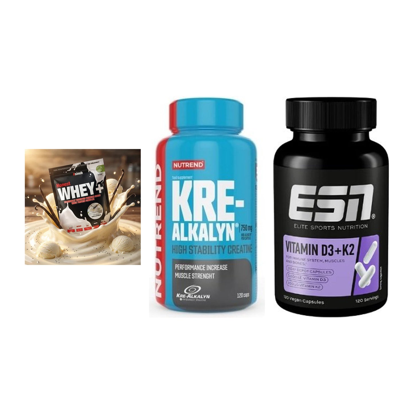 Einsteiger-Set: Sinob Honest + Nutrend Kre-Alka + ESN Vitamin D3 – alle enthaltenen Artikel