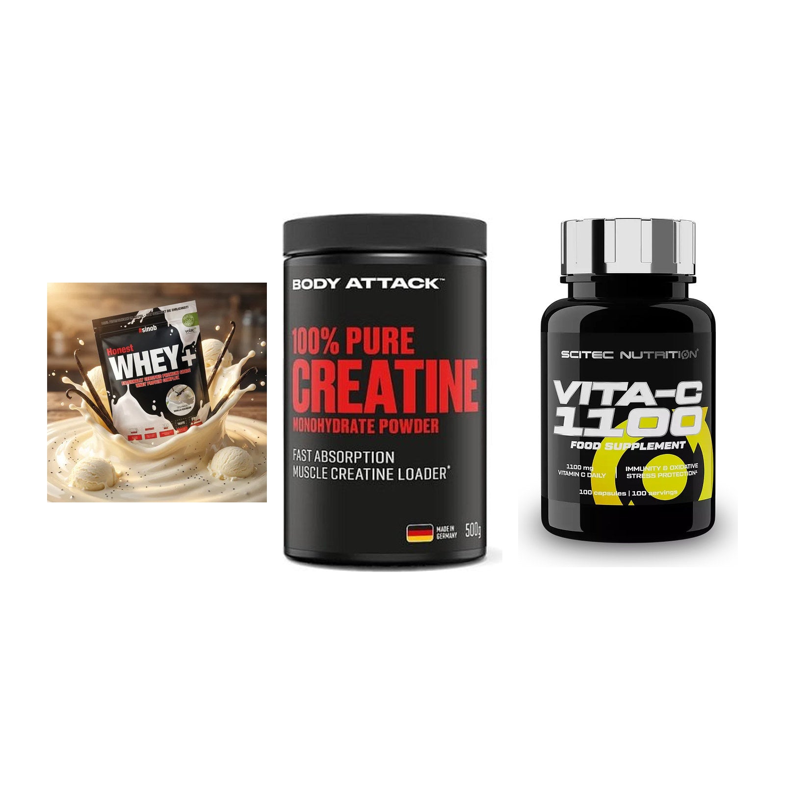Einsteiger-Set: Sinob Honest + Body Attack 100% + Scitec Vitamin C – alle enthaltenen Artikel