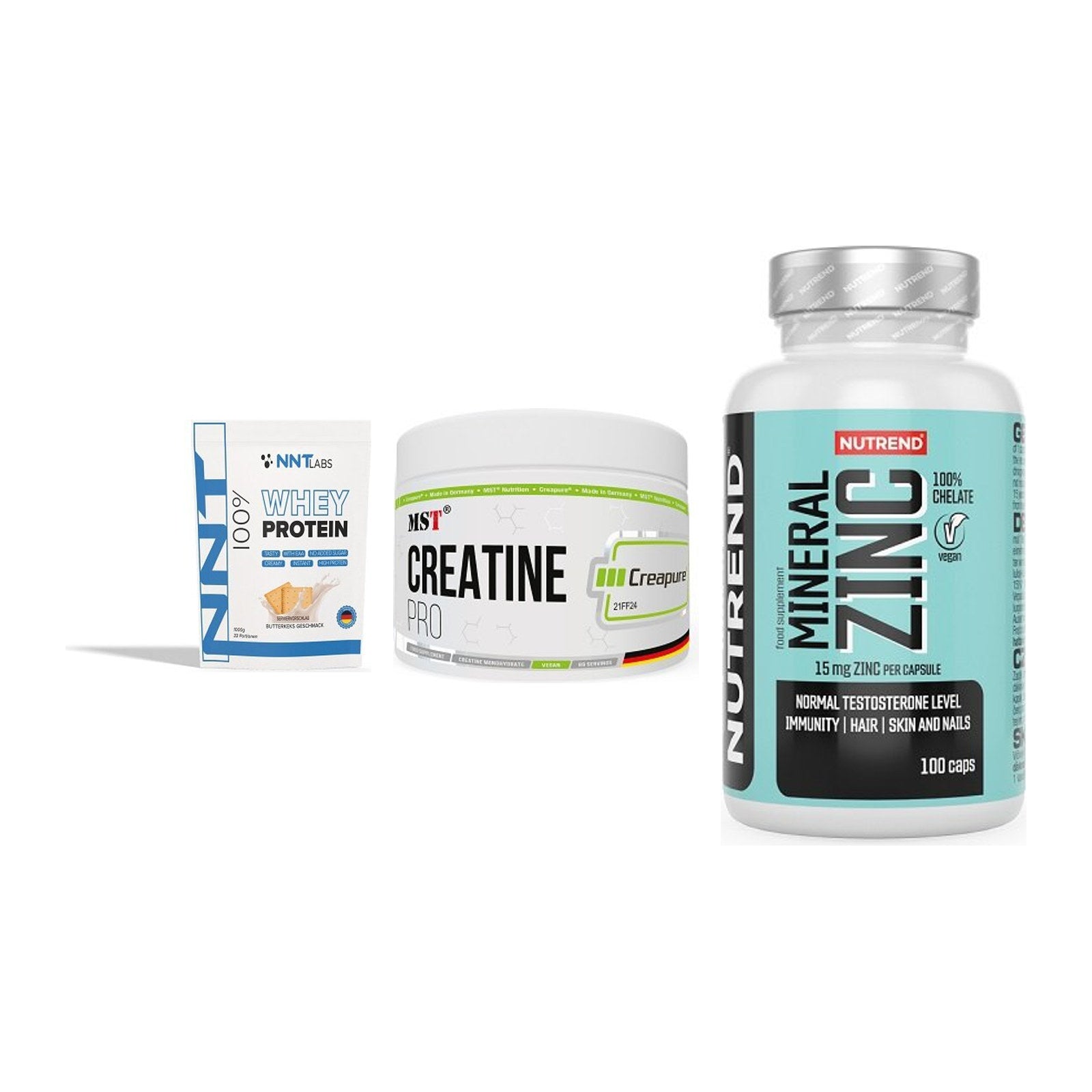 Einsteiger-Set: NNT Whey + MST Creatin Pro + Nutrend Zinc – alle enthaltenen Artikel