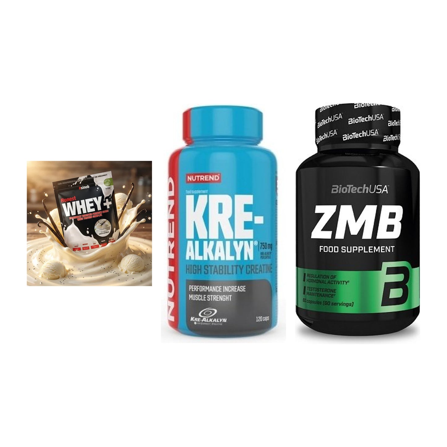 Einsteiger-Set: Sinob Honest Whey+ + Nutrend Kre-Alkalyn + BioTech ZMB – alle enthaltenen Artikel