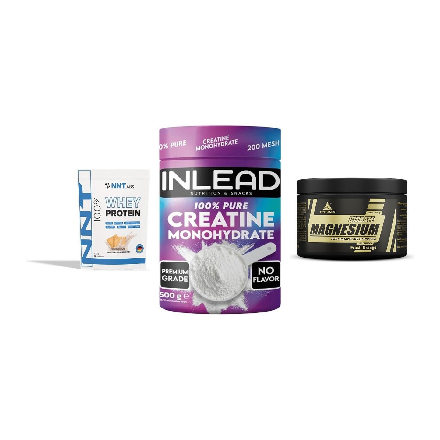 Einsteiger-Set: NNT Whey + INLEAD Creatine + Peak Magnesium – alle enthaltenen Artikel