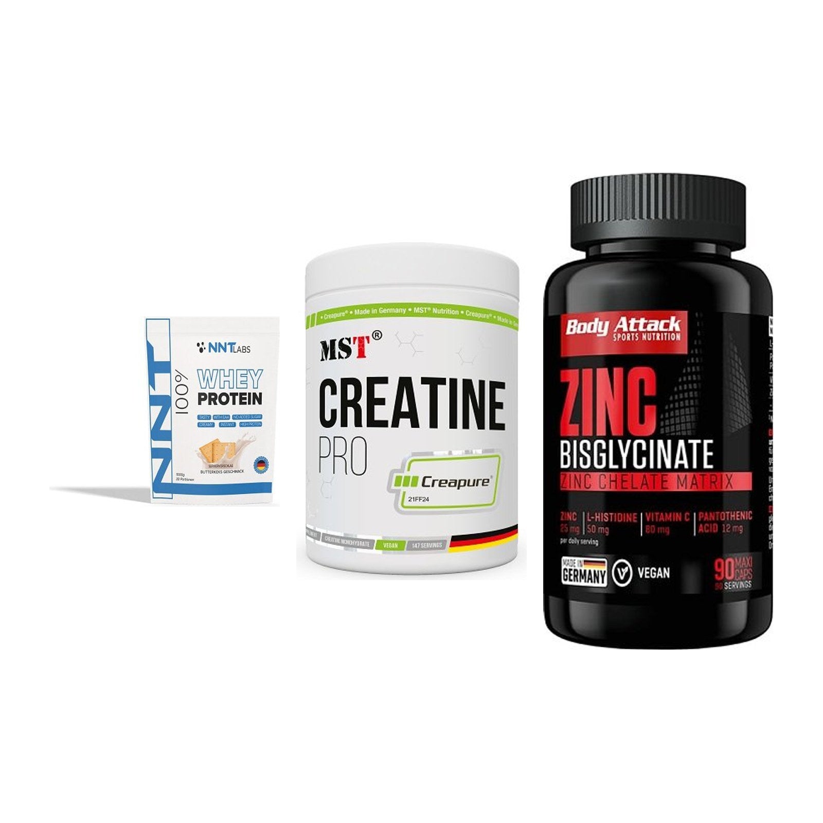 Einsteiger-Set: NNT Whey + MST Creatin Pro + Body Attack Zink – alle enthaltenen Artikel