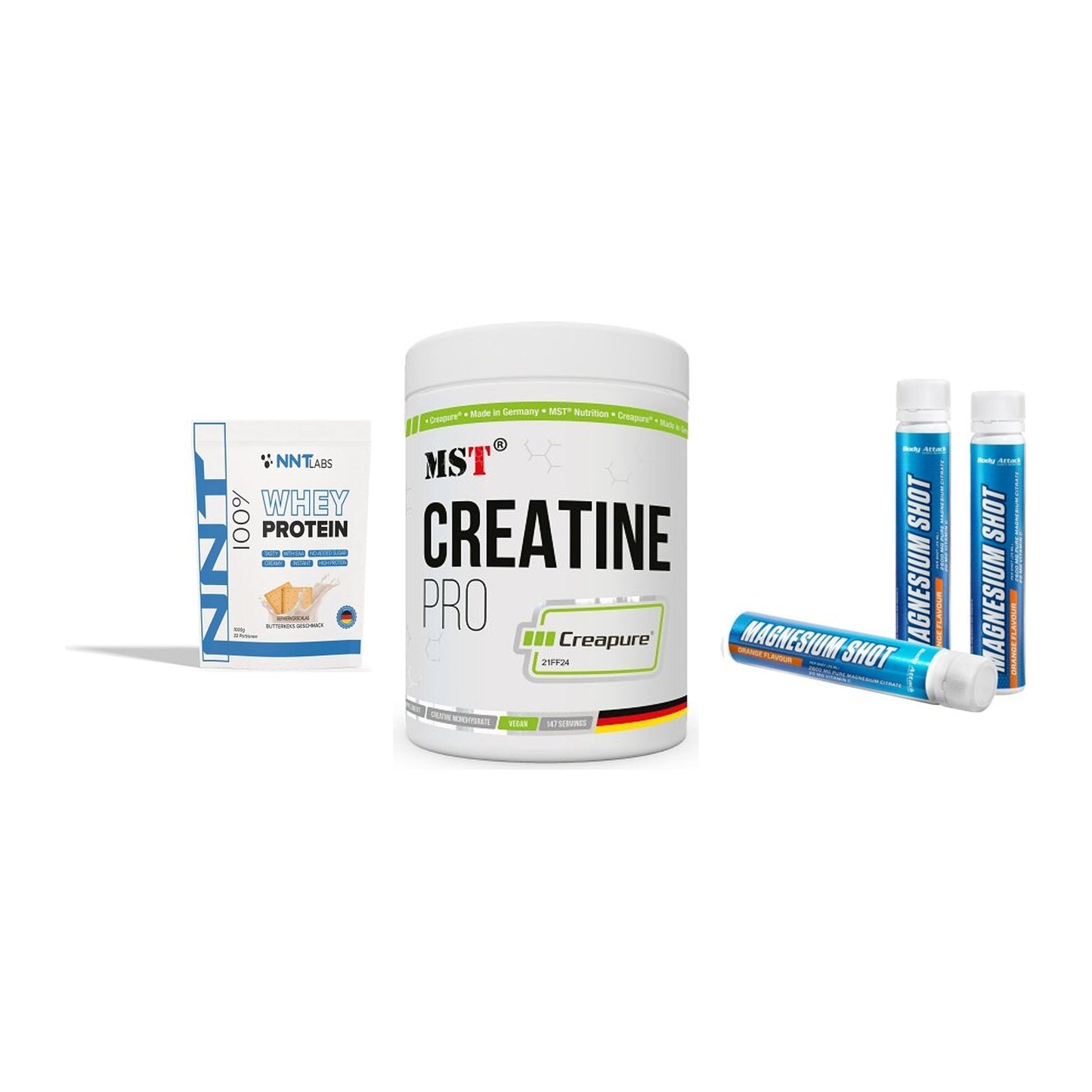 Einsteiger-Set: NNT Whey + MST Creatin Pro + Body Attack – alle enthaltenen Artikel
