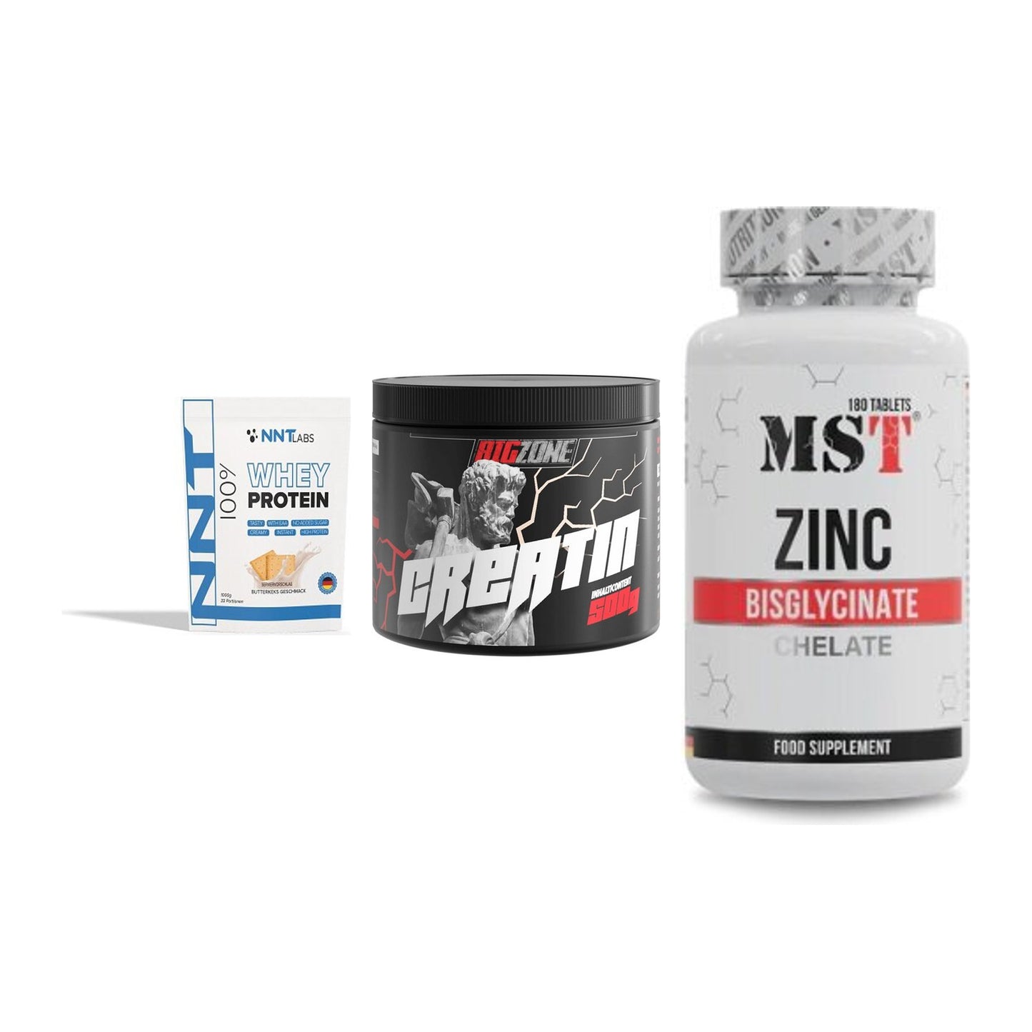 Einsteiger-Set: NNT Whey + Big Zone Creatin + MST Zinc Chelate – alle enthaltenen Artikel