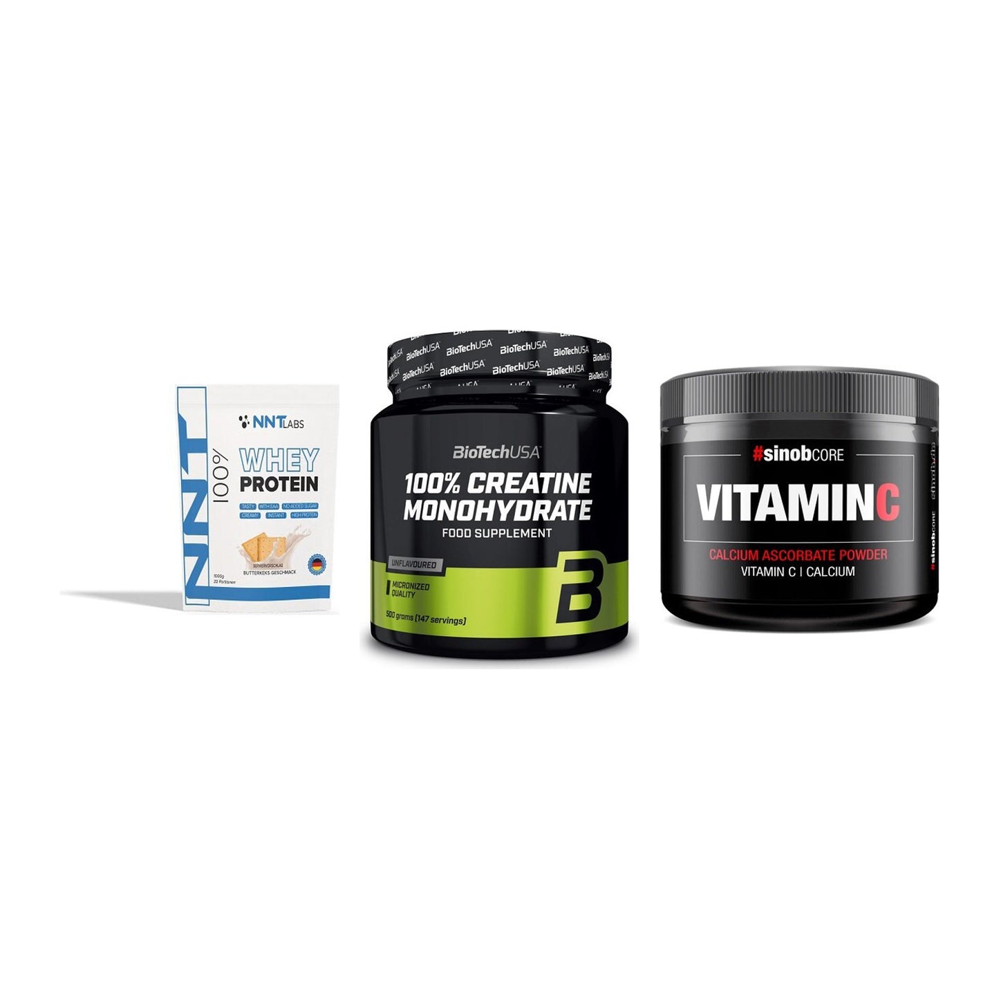Einsteiger-Set: NNT Whey + BioTech Creatine + Sinob Vitamin C – alle enthaltenen Artikel