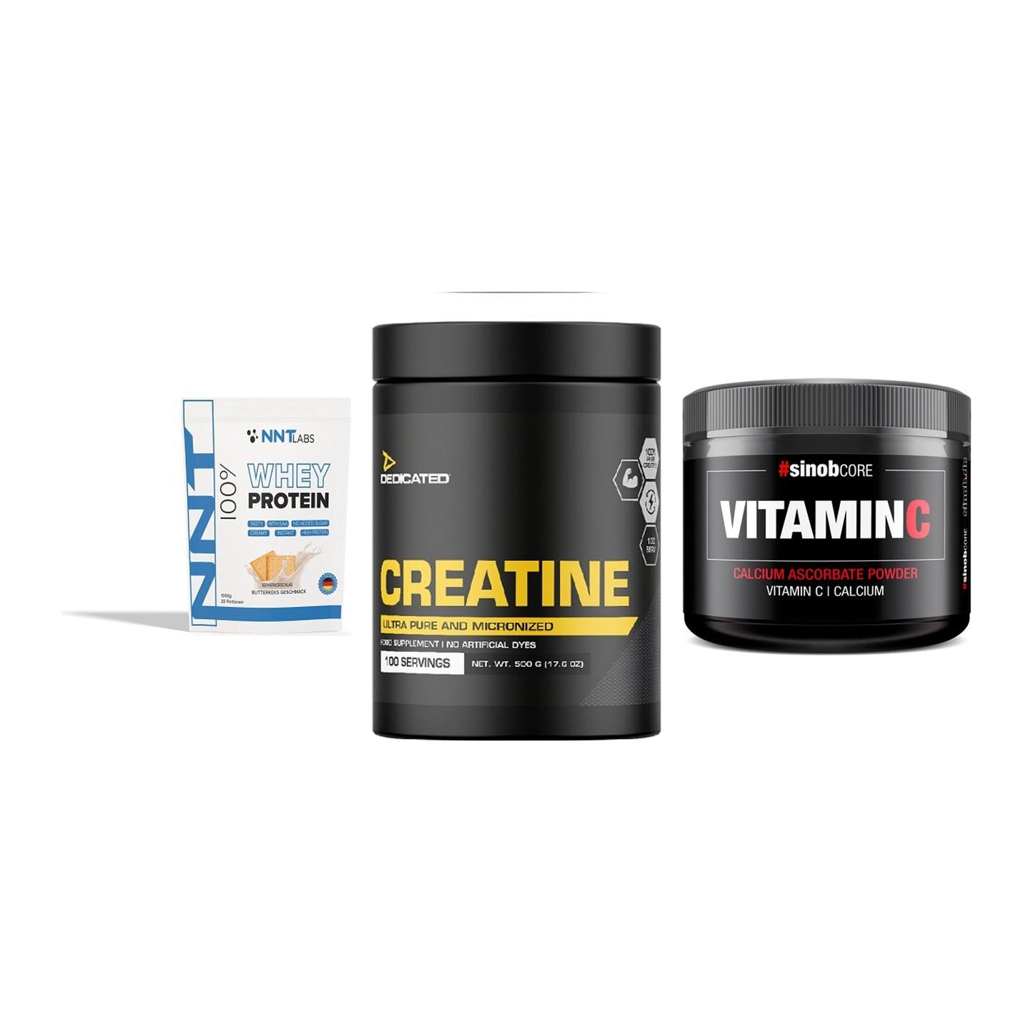 Einsteiger-Set: NNT Whey + Dedicated + Sinob Vitamin C – alle enthaltenen Artikel