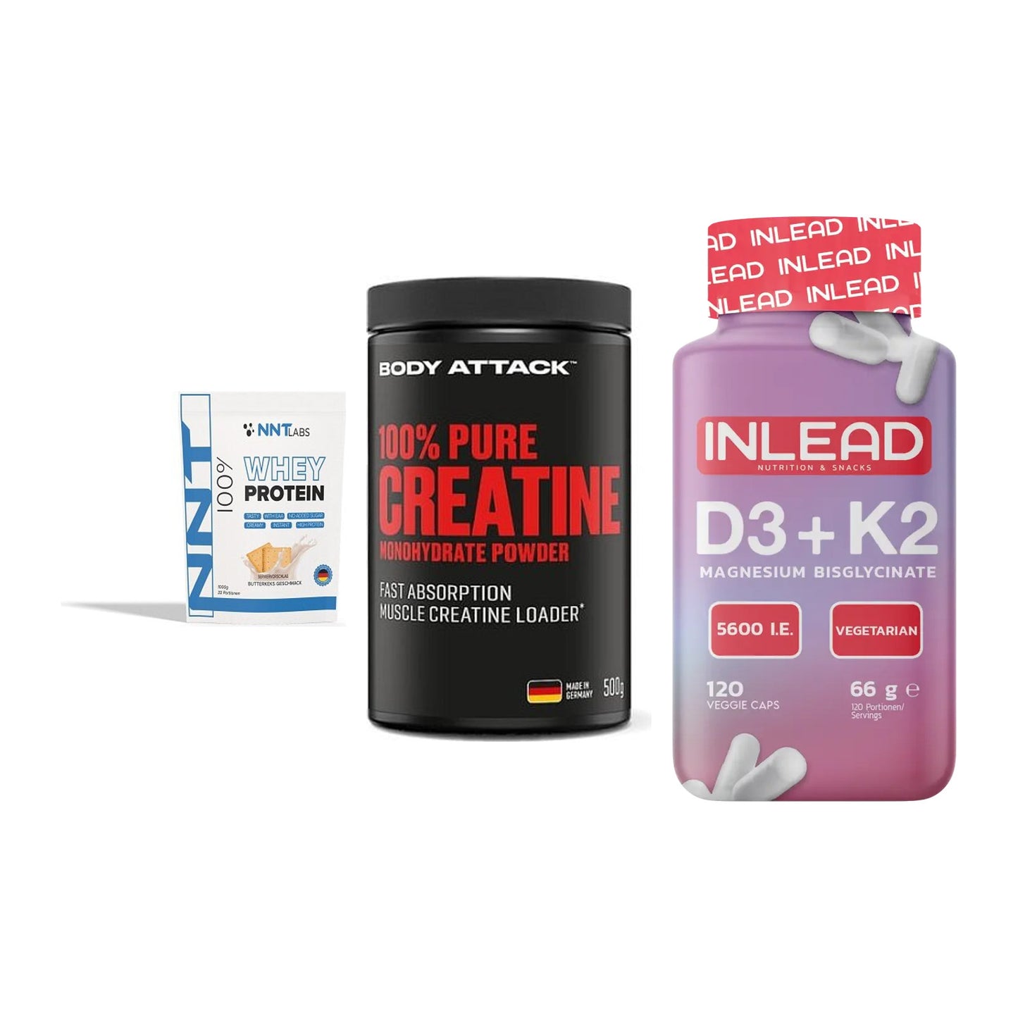 Einsteiger-Set: NNT Whey + Body Attack 100% + INLEAD Vitamin – alle enthaltenen Artikel