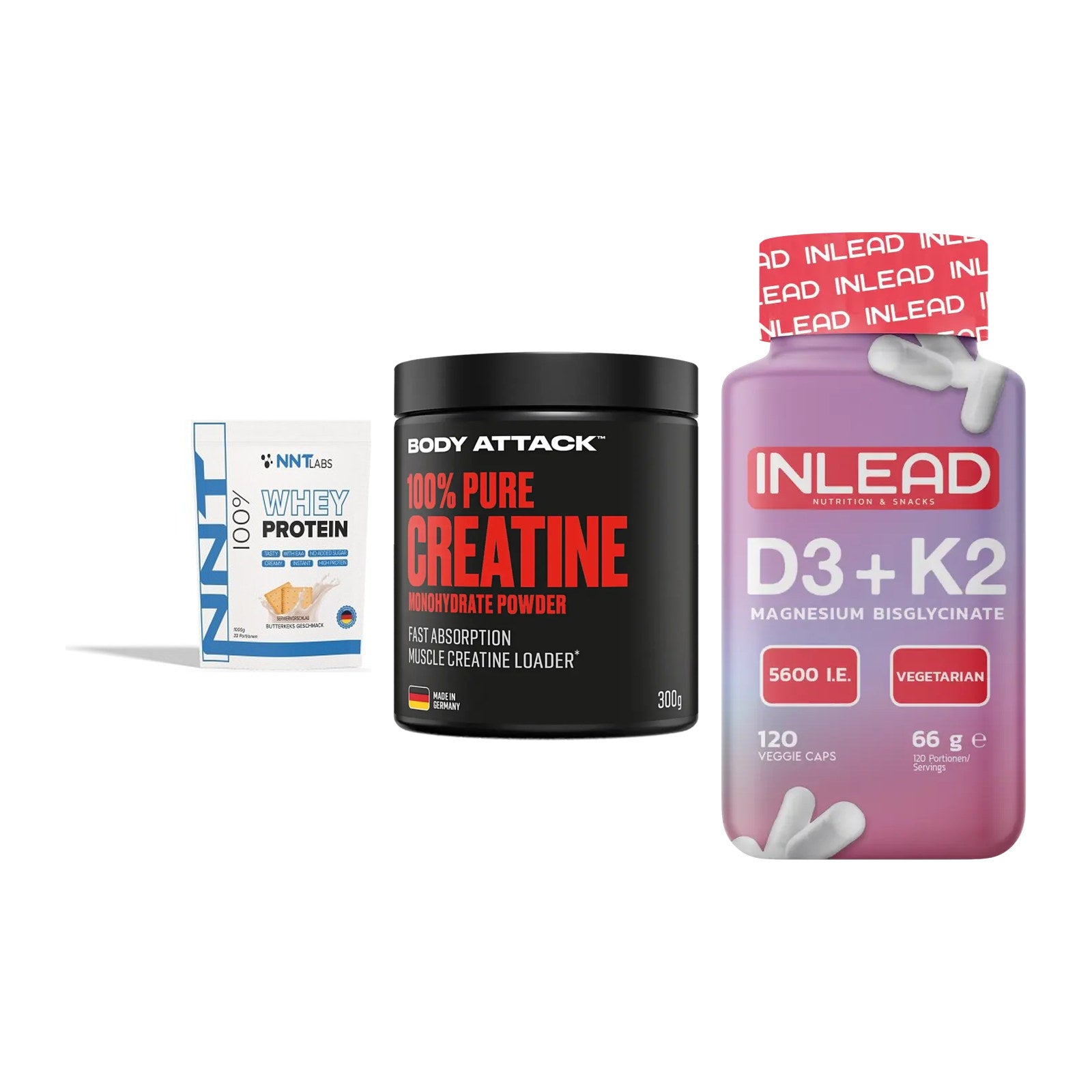 Einsteiger-Set: NNT Whey + Body Attack 100% + INLEAD Vitamin – alle enthaltenen Artikel