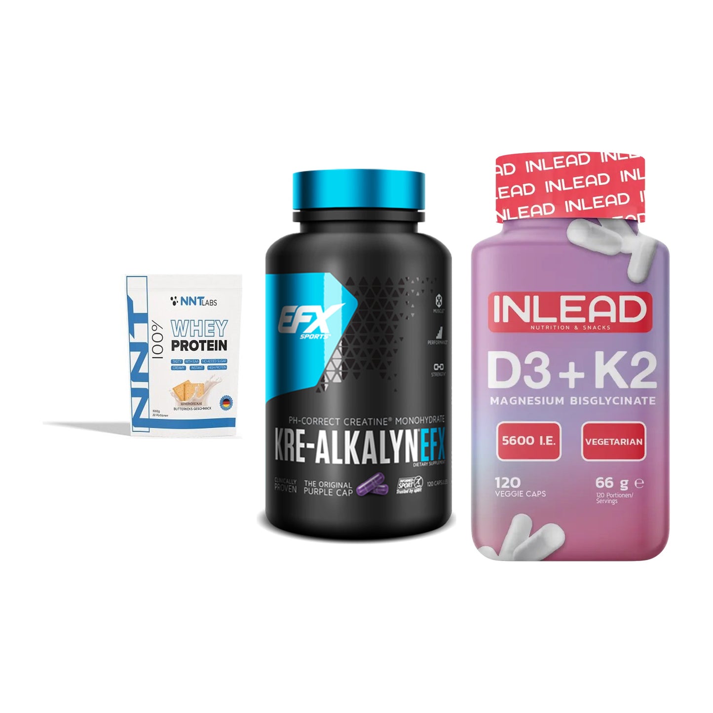 Einsteiger-Set: NNT Whey + EFX Kre-Alkalyn + INLEAD Vitamin – alle enthaltenen Artikel