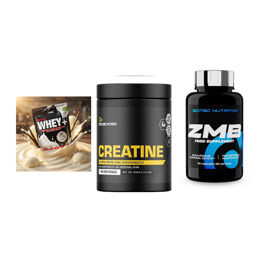 Einsteiger-Set: Sinob Honest Whey+ + Dedicated Creatine + Scitec ZMB – alle enthaltenen Artikel
