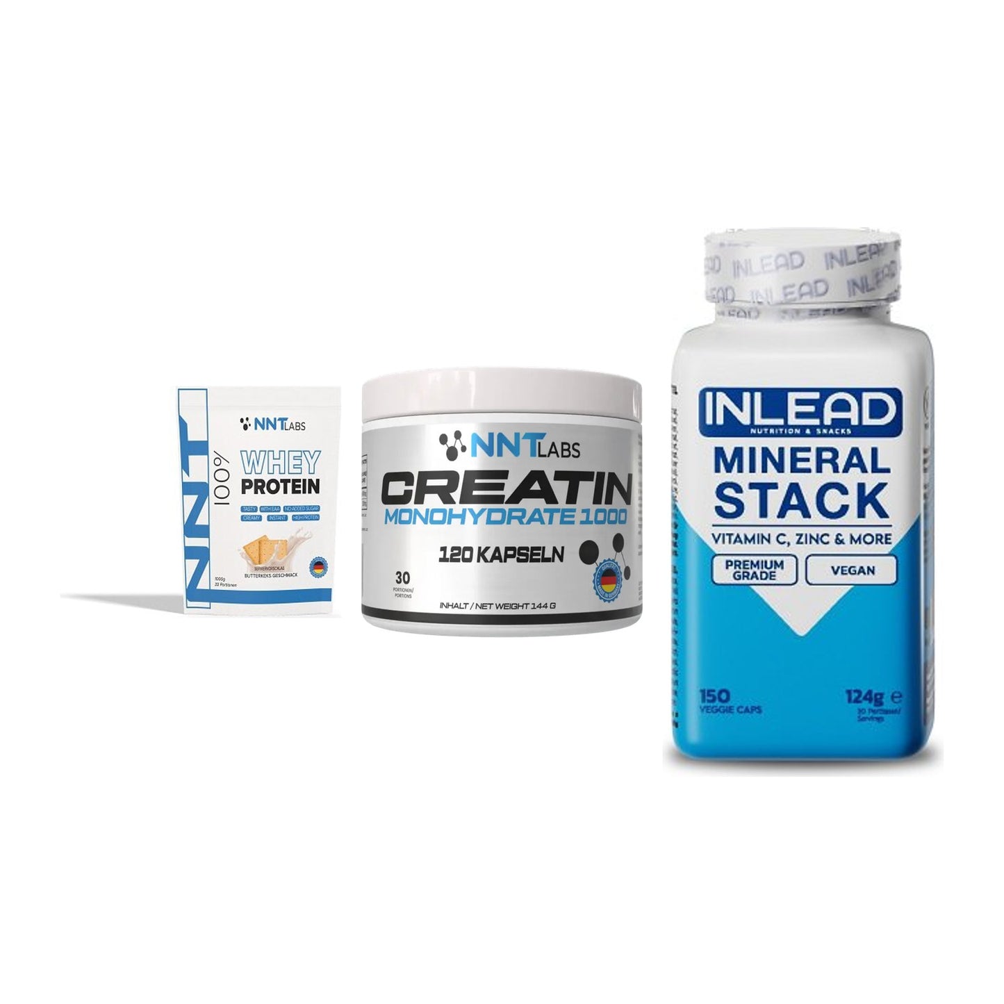 Einsteiger-Set: NNT Whey + NNT Creatin 1000 mg + INLEAD Mineral Stack – alle enthaltenen Artikel