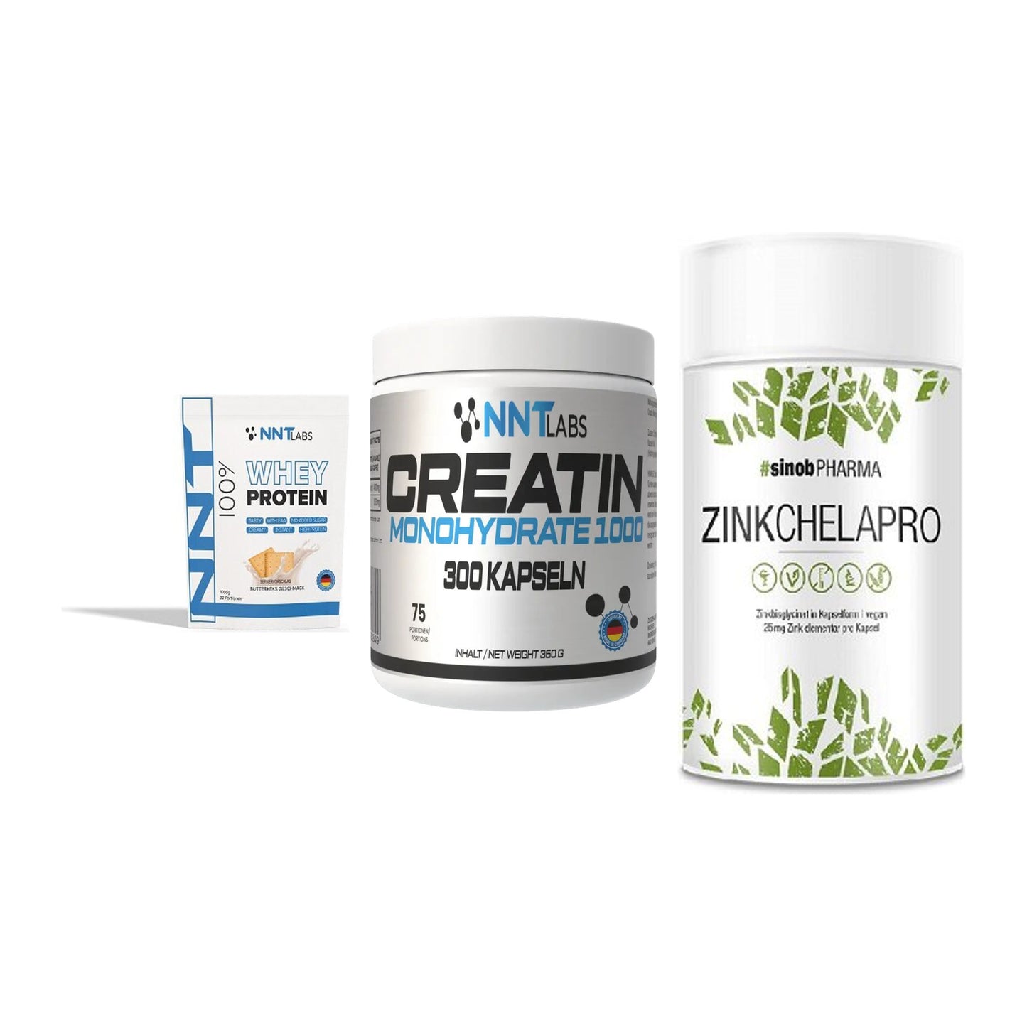 Einsteiger-Set: NNT Whey + NNT Creatin 1000 mg + Sinob Zink Chelapro – alle enthaltenen Artikel