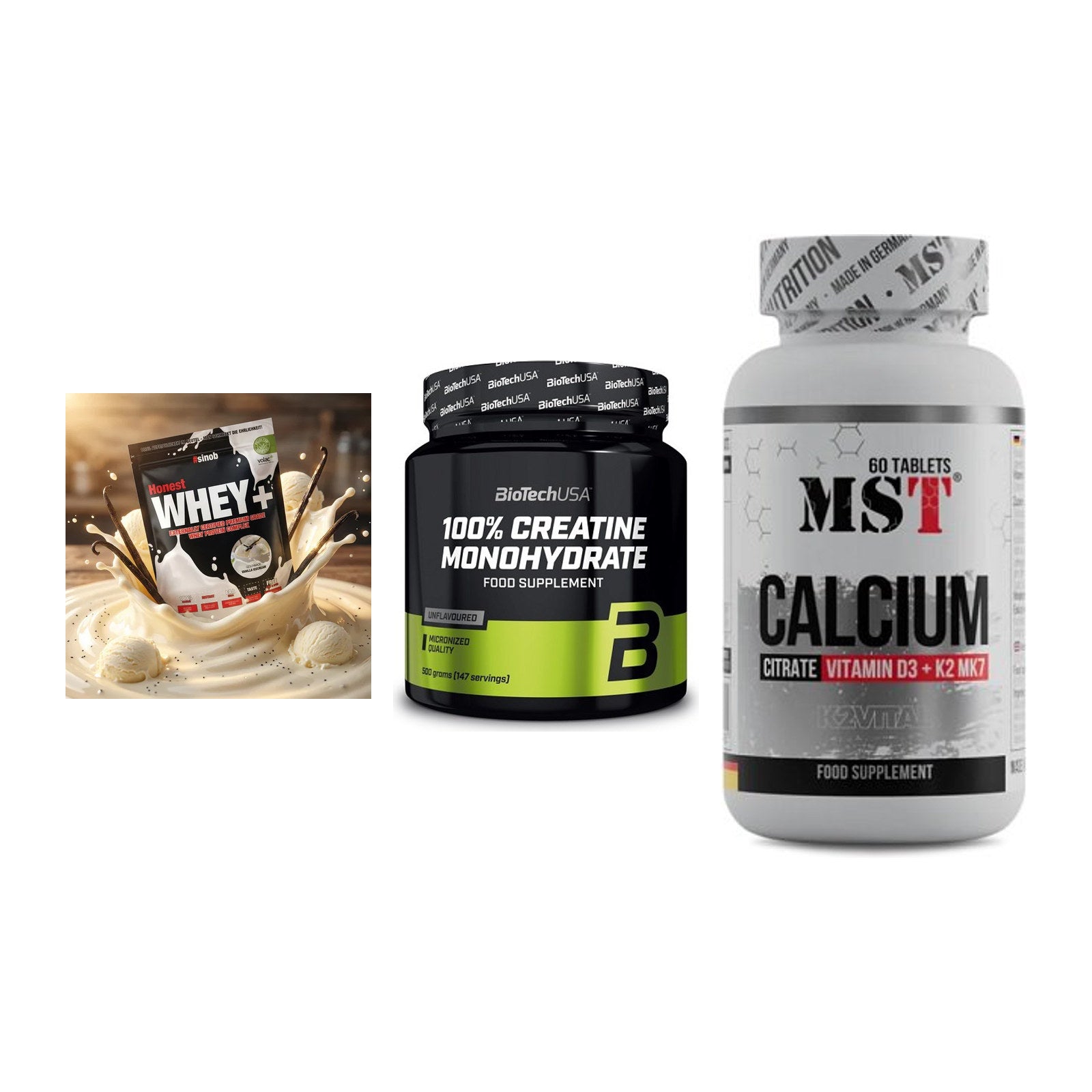 Einsteiger-Set: Sinob Honest + BioTech Creatine + MST Calcium – alle enthaltenen Artikel