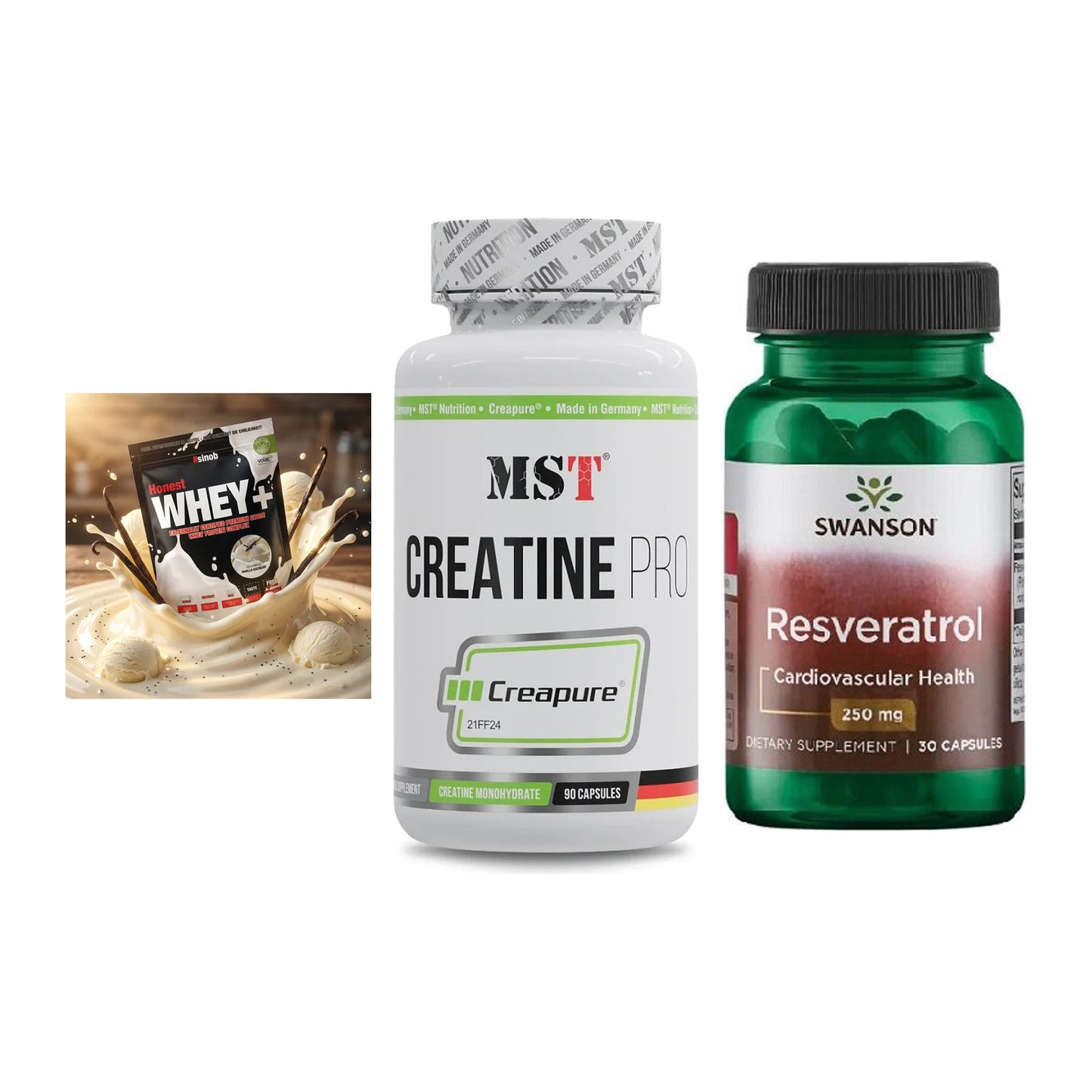 Einsteiger-Set: Sinob Honest + MST Creatine Pro + Swanson Resverat – alle enthaltenen Artikel